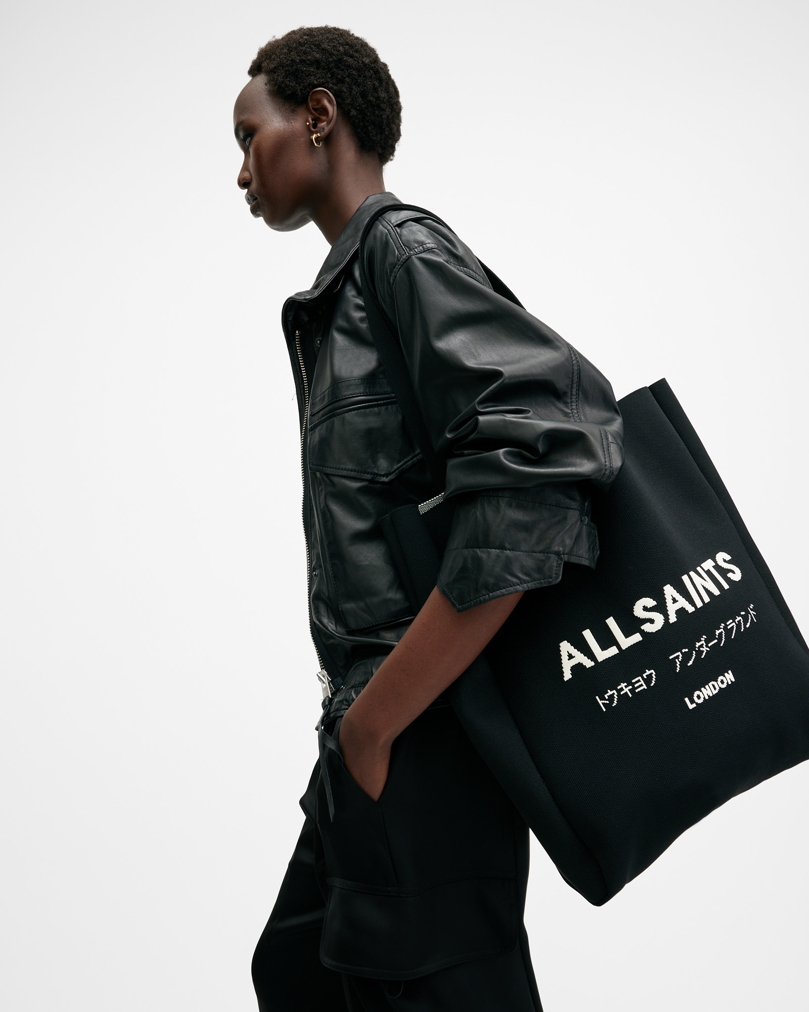 AllSaints Izzy Logo Print Knitted Tote Bag