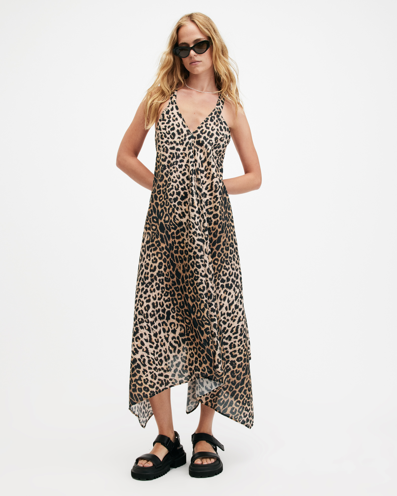 AllSaints Lil Leopard Print Asymmetric Maxi Dress,, LEOPARD BROWN