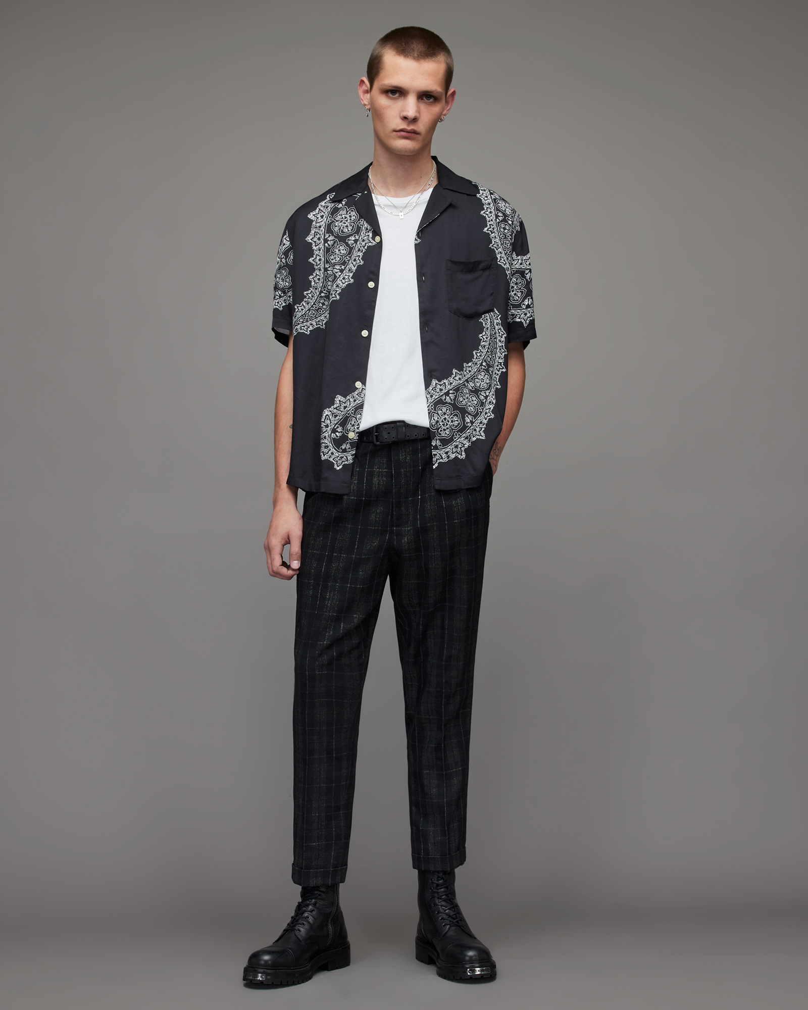 Harvey Slim Checked Trousers Charcoal | ALLSAINTS