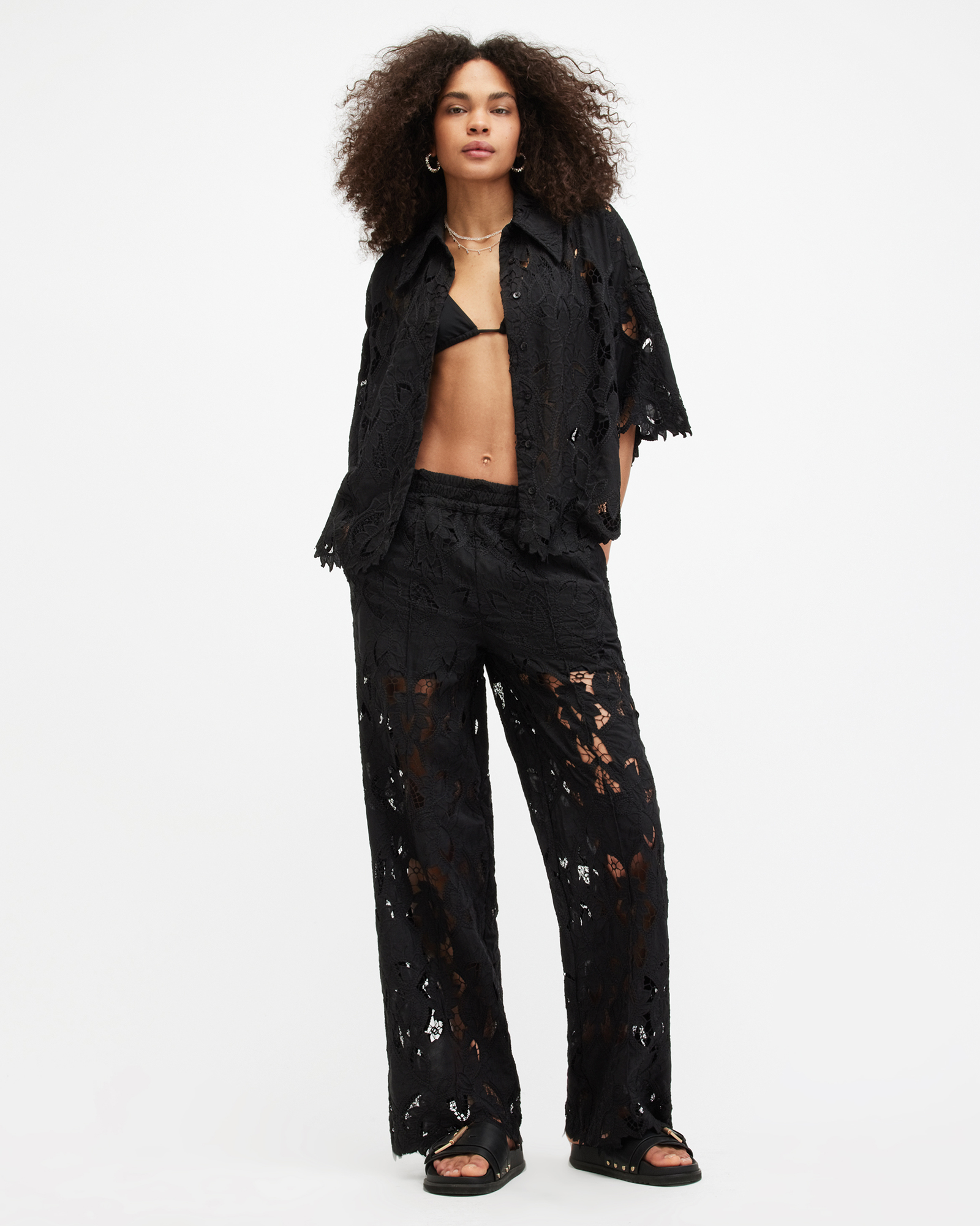 AllSaints Charli Embroidered Straight Fit Trousers,, Black, Size: UK