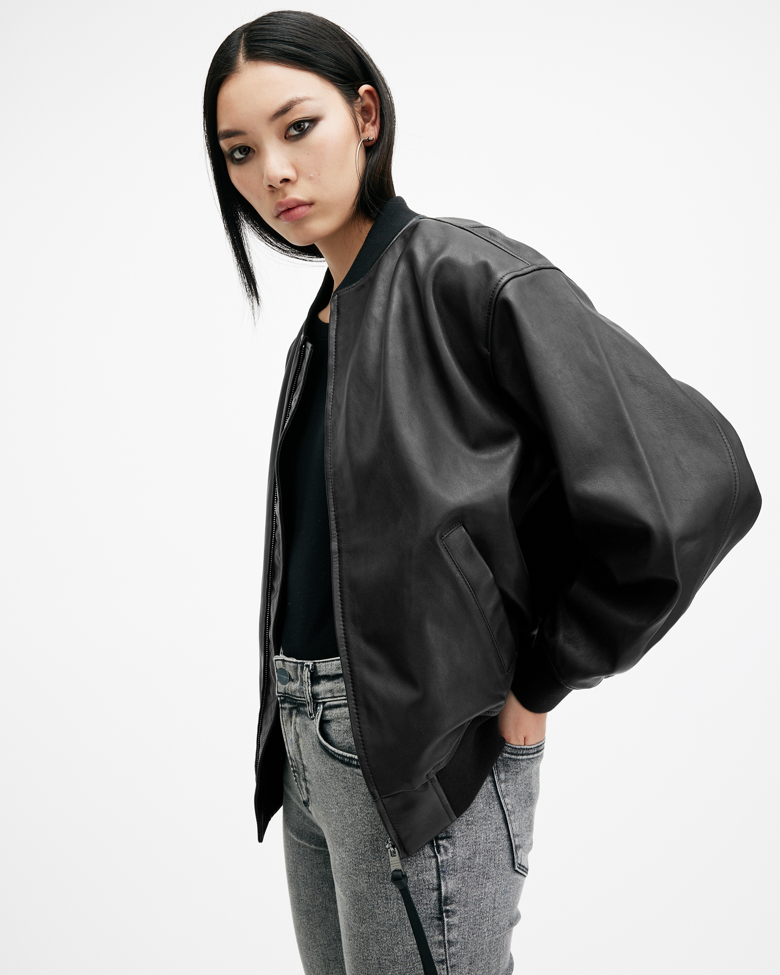 Belle Oversized Leather Bomber Jacket Black ALLSAINTS