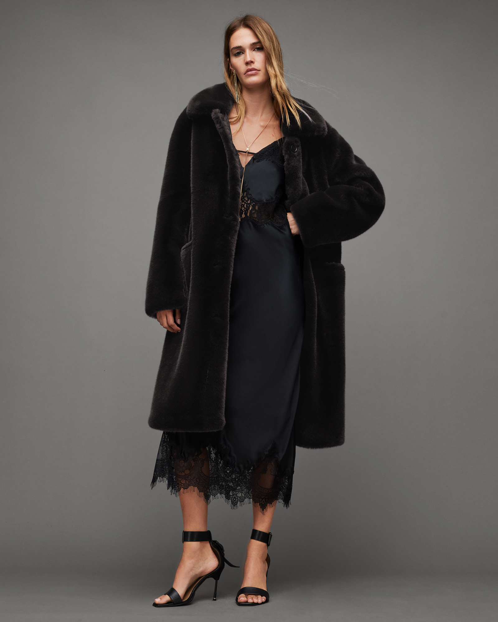 Sora Recycled Faux Fur Relaxed Fit Coat Black | ALLSAINTS