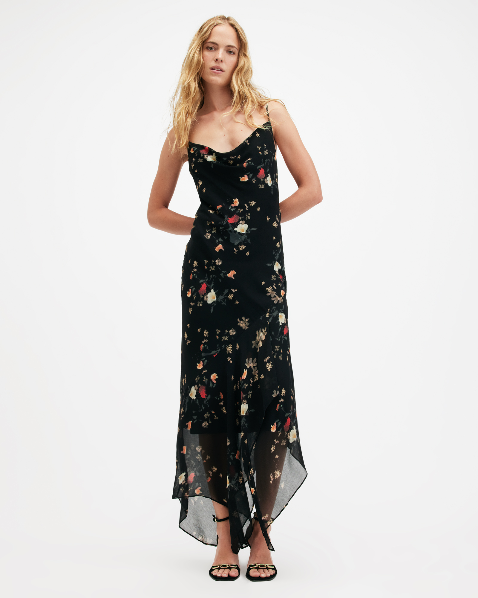 AllSaints Charlotte Kora Floral Print Midi Slip Dress,, Black
