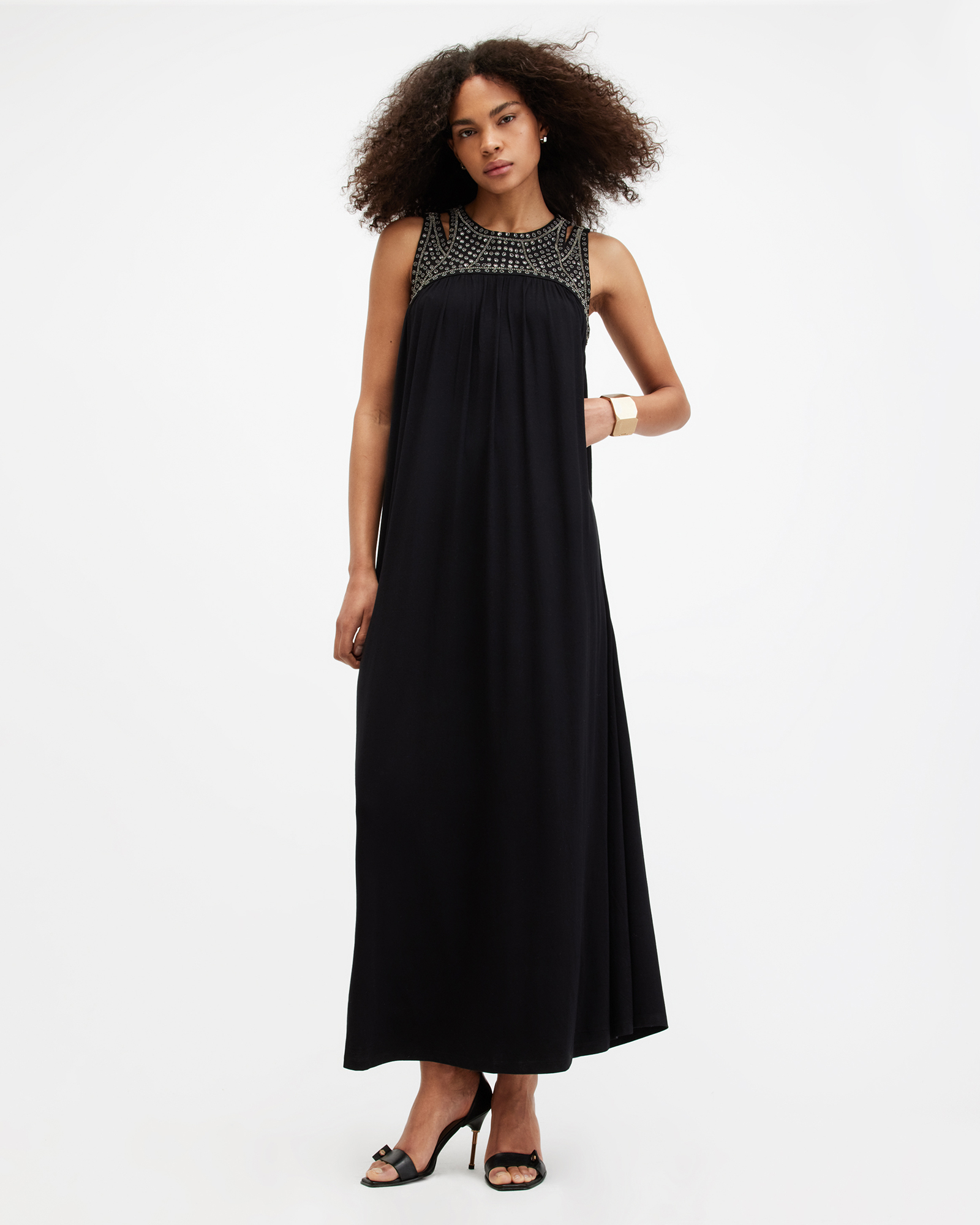 AllSaints Arizona Embellished Cut-Out Maxi Dress,, Black, Size: UK 8/US 4