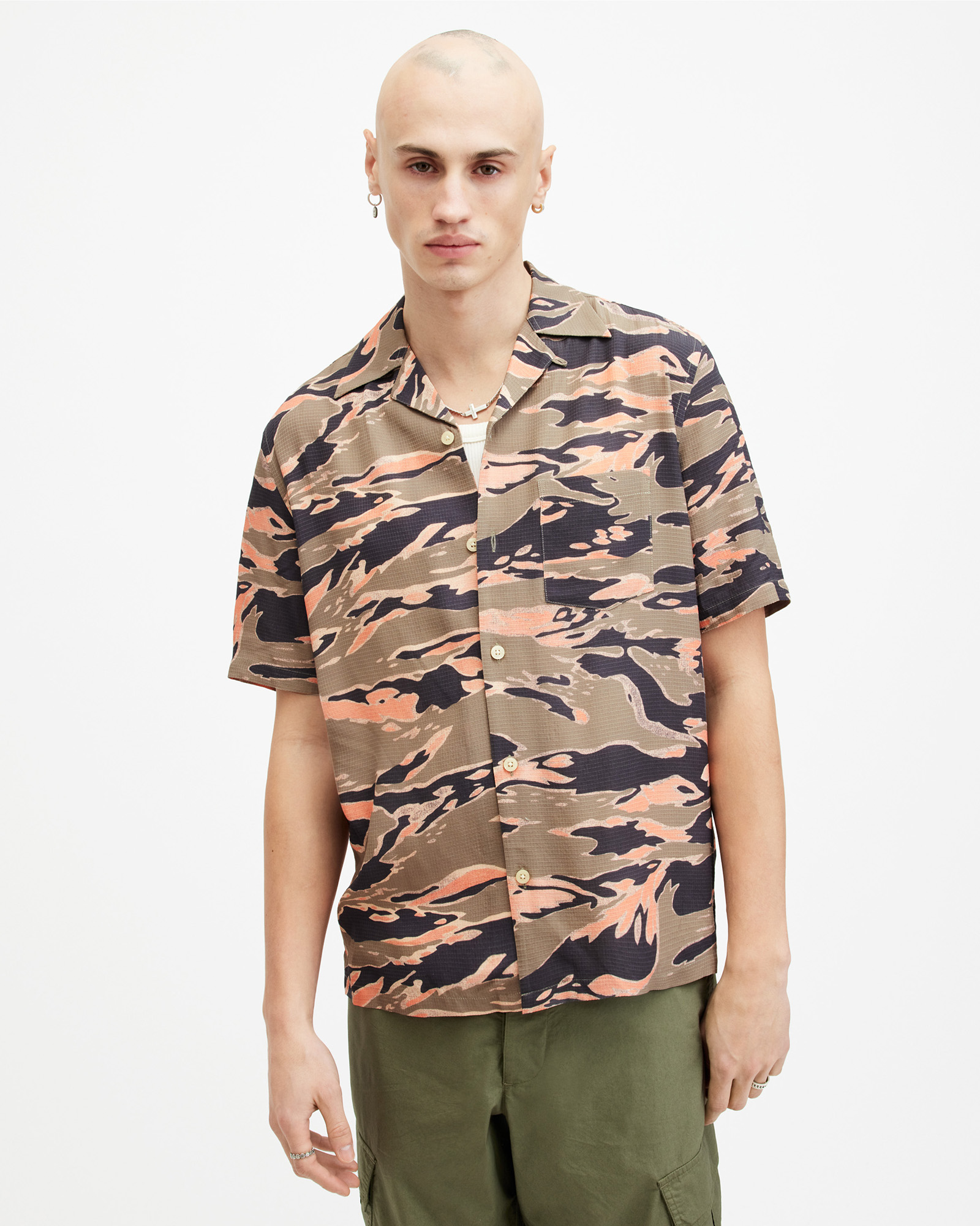 AllSaints Solar Camouflage Print Relaxed Fit Shirt,, Herb Green