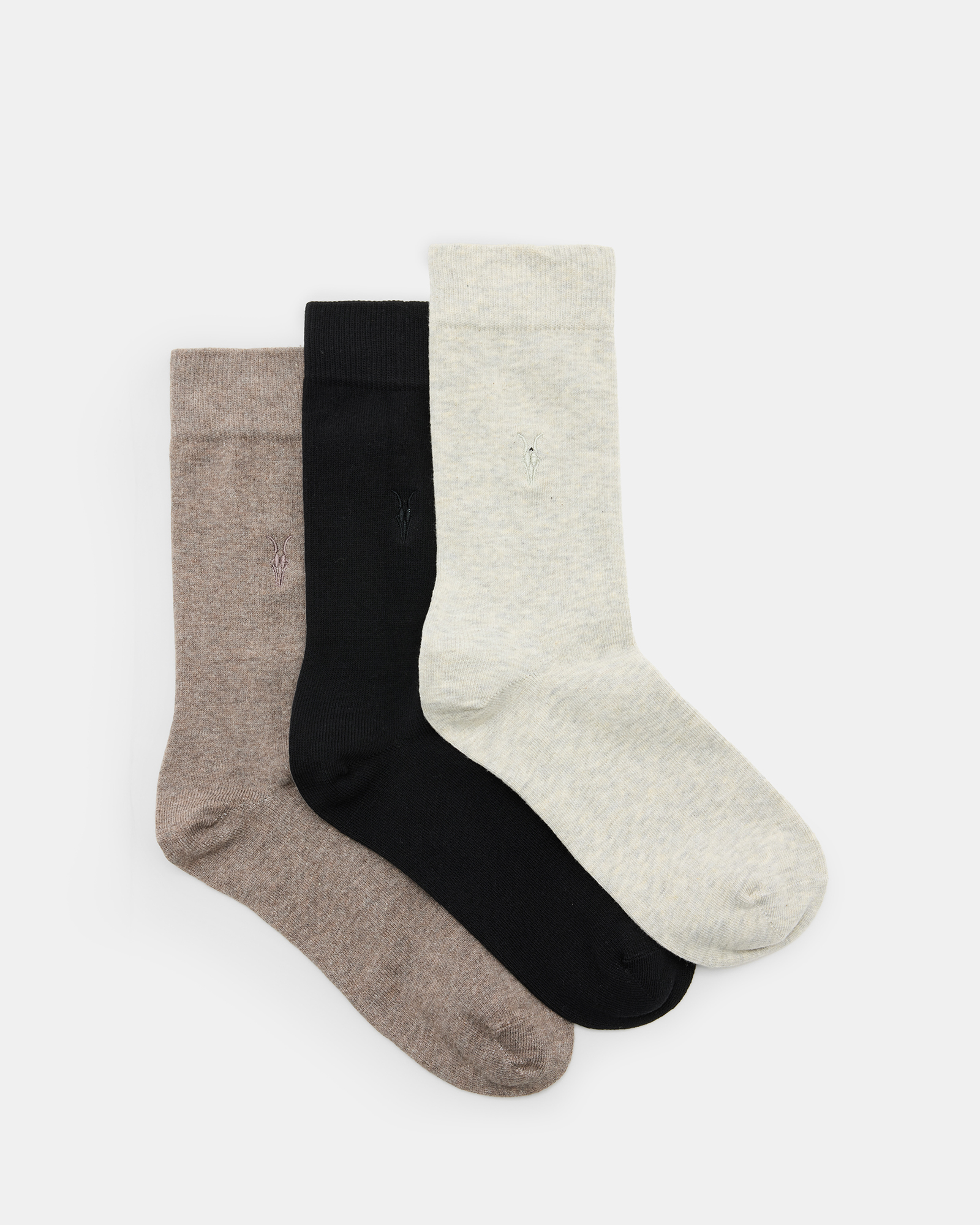 Allsaints Adan Ramskull Embroidered Socks 3 Pack In Tinted Gry/tup/blk