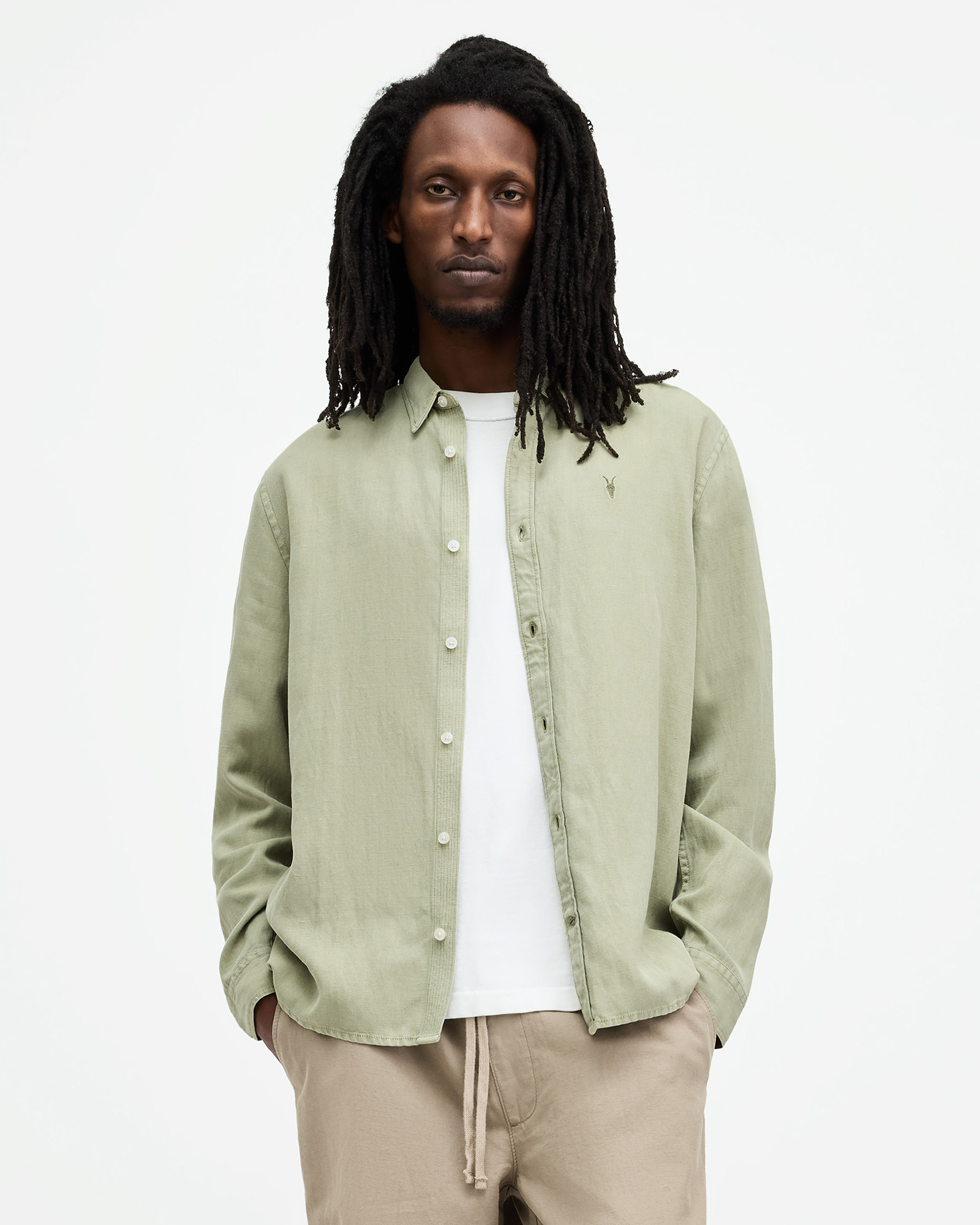 AllSaints Laguna Linen Blend Relaxed Fit Shirt,, Herb Green