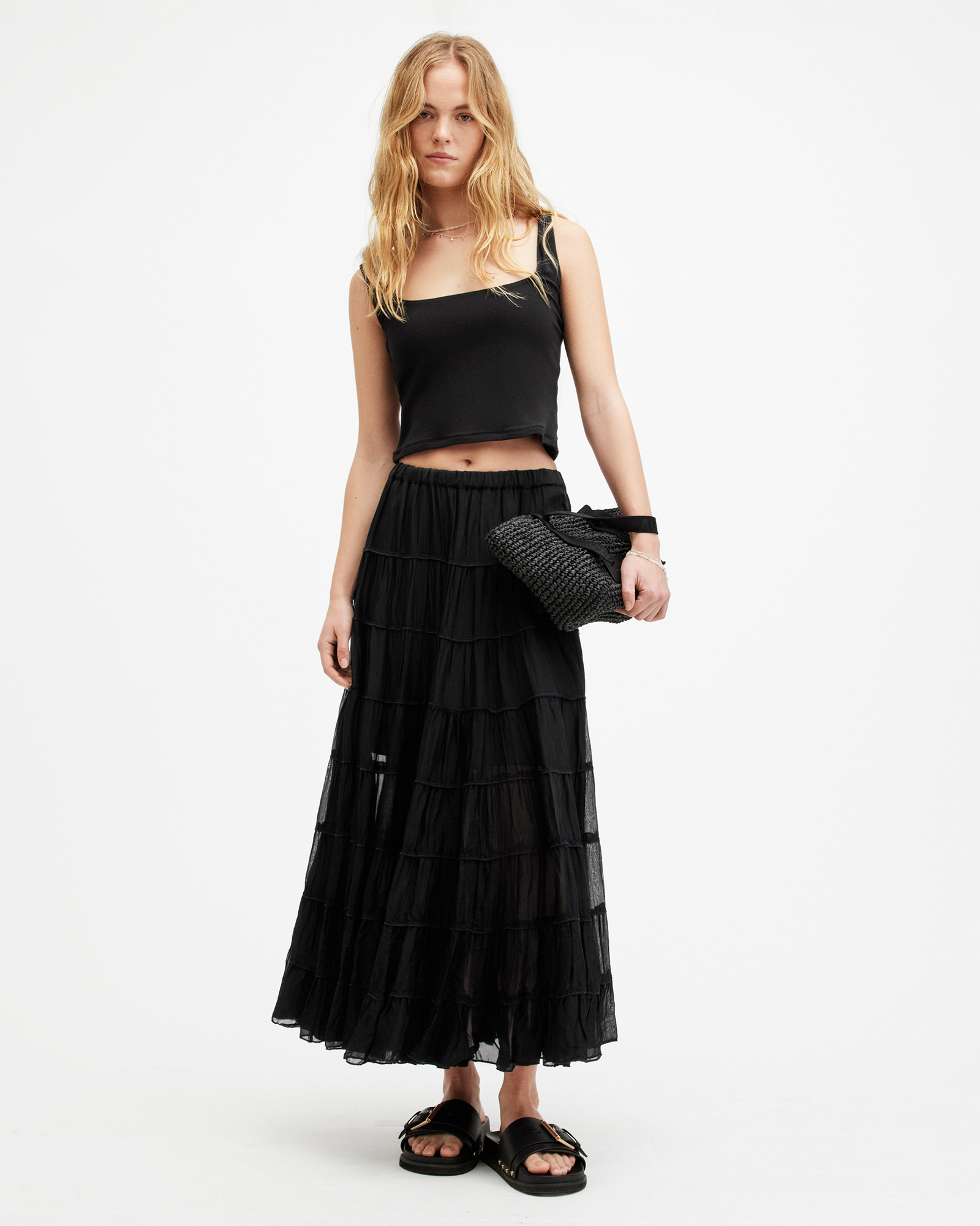 AllSaints Eva Elasticated Waist Tiered Maxi Skirt,, Black