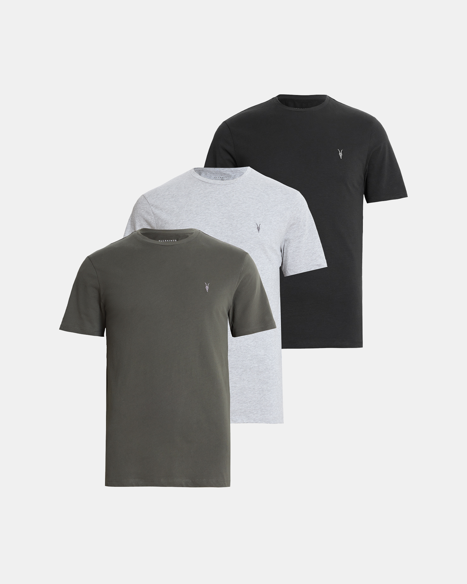 AllSaints Brace Brushed Cotton T-Shirts 3 Pack,, GRN/GRY MRL/JT BLK