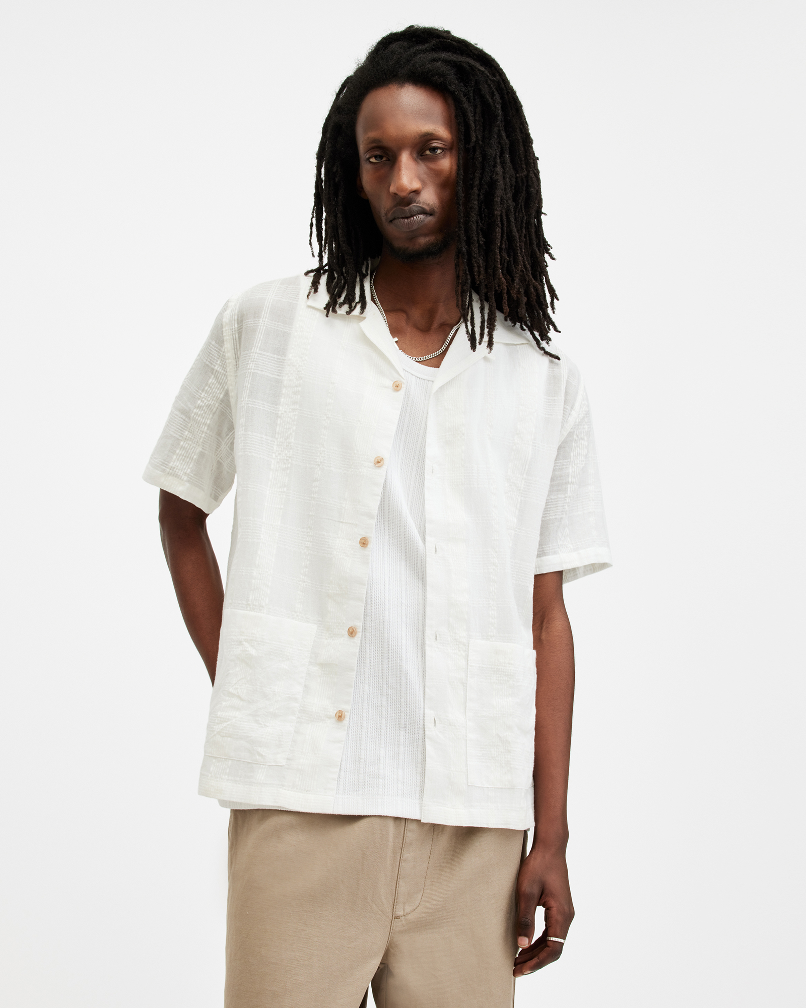 AllSaints Indio Checked Relaxed Fit Shirt,, Avalon White