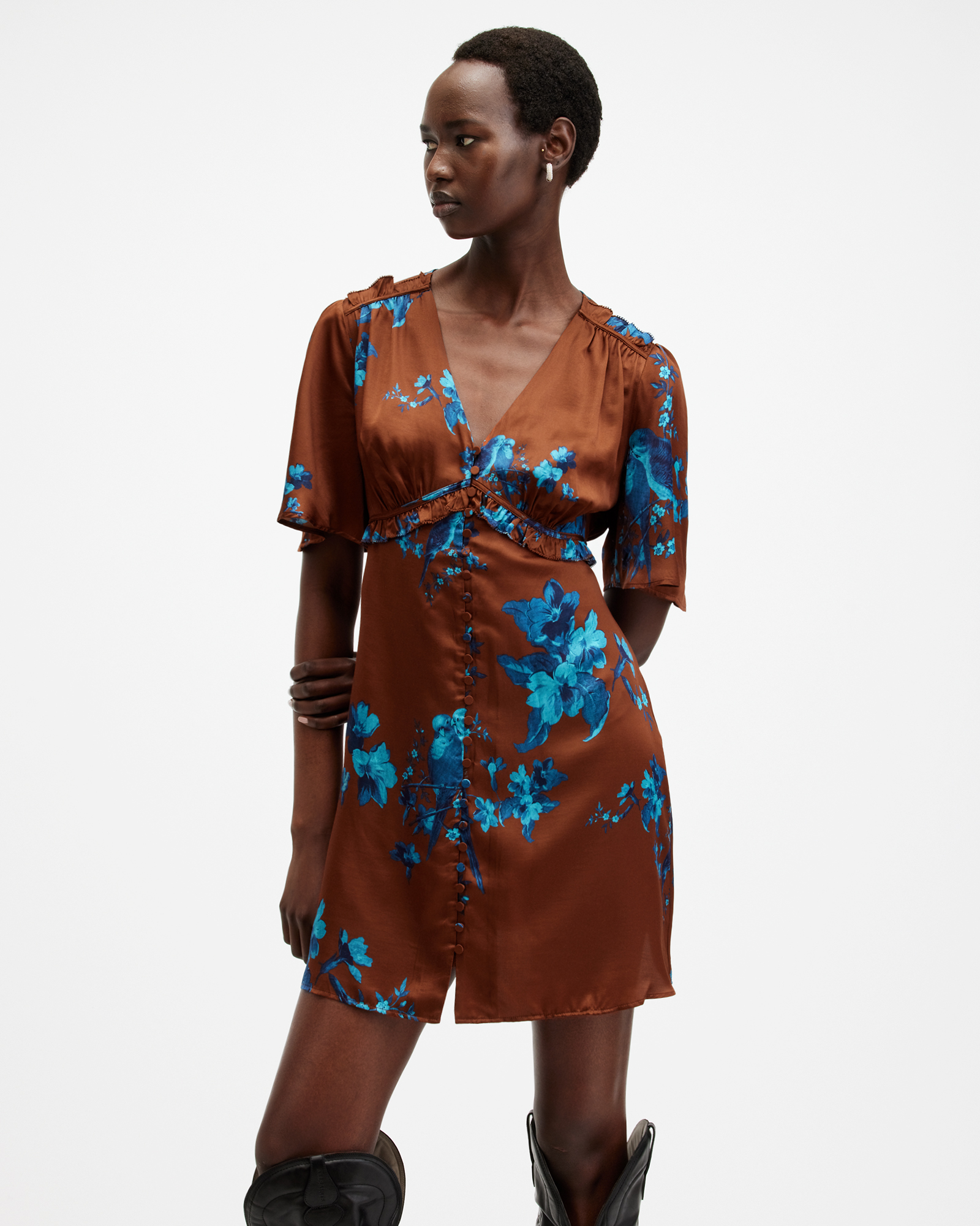 AllSaints Tian Iona Silk Blend Mini Dress,, Rust Red