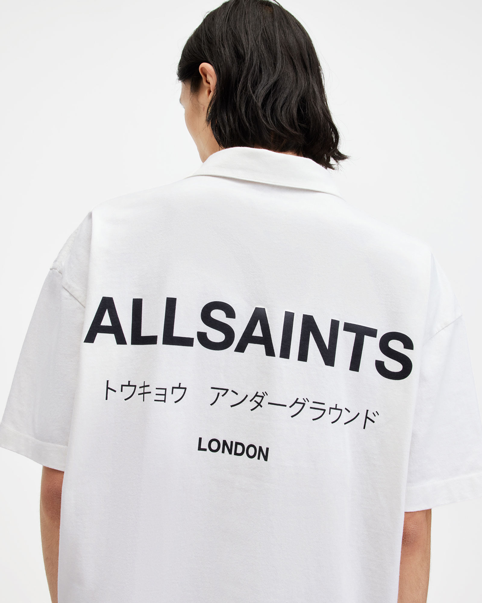 AllSaints Underground Logo Relaxed Fit Polo Shirt,, Ashen White