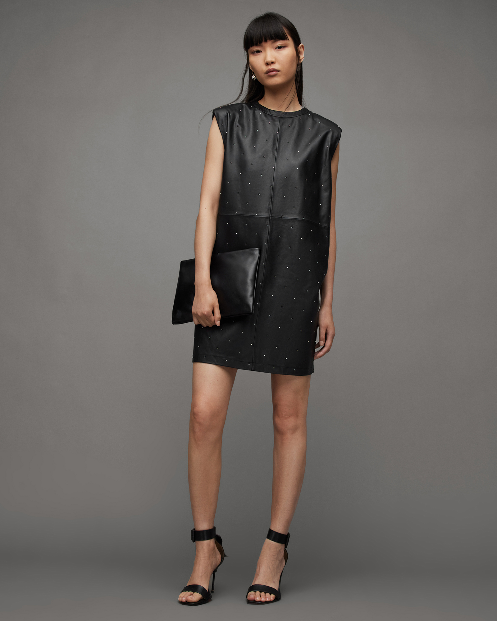 Mika Pin Studded Leather Mini Dress Black Allsaints