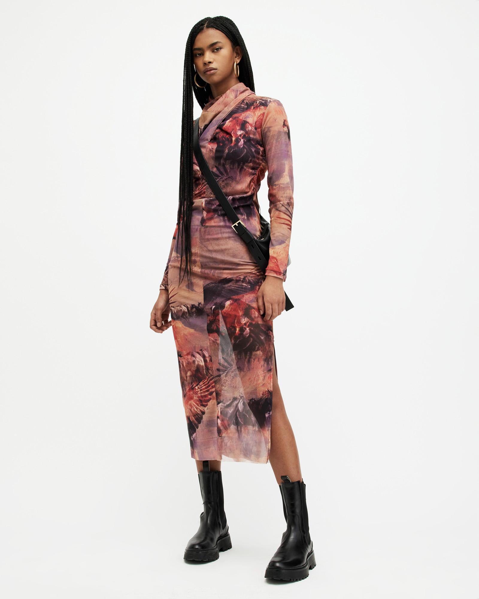 AllSaints Tia Colca Mesh Printed Midi Dress,, Canyon Purple, Size: UK 8/US 4