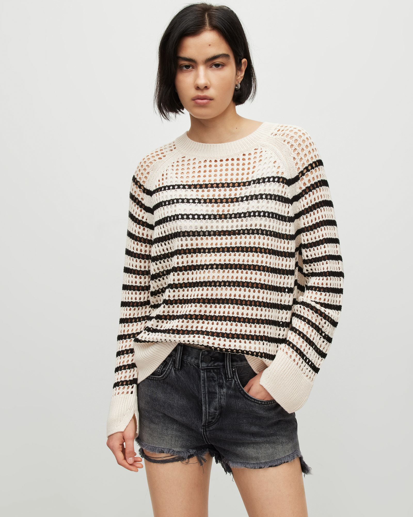 Paloma Crew Neck Stripe Mesh Jumper PAMPAS WHITE/BLACK | ALLSAINTS CA