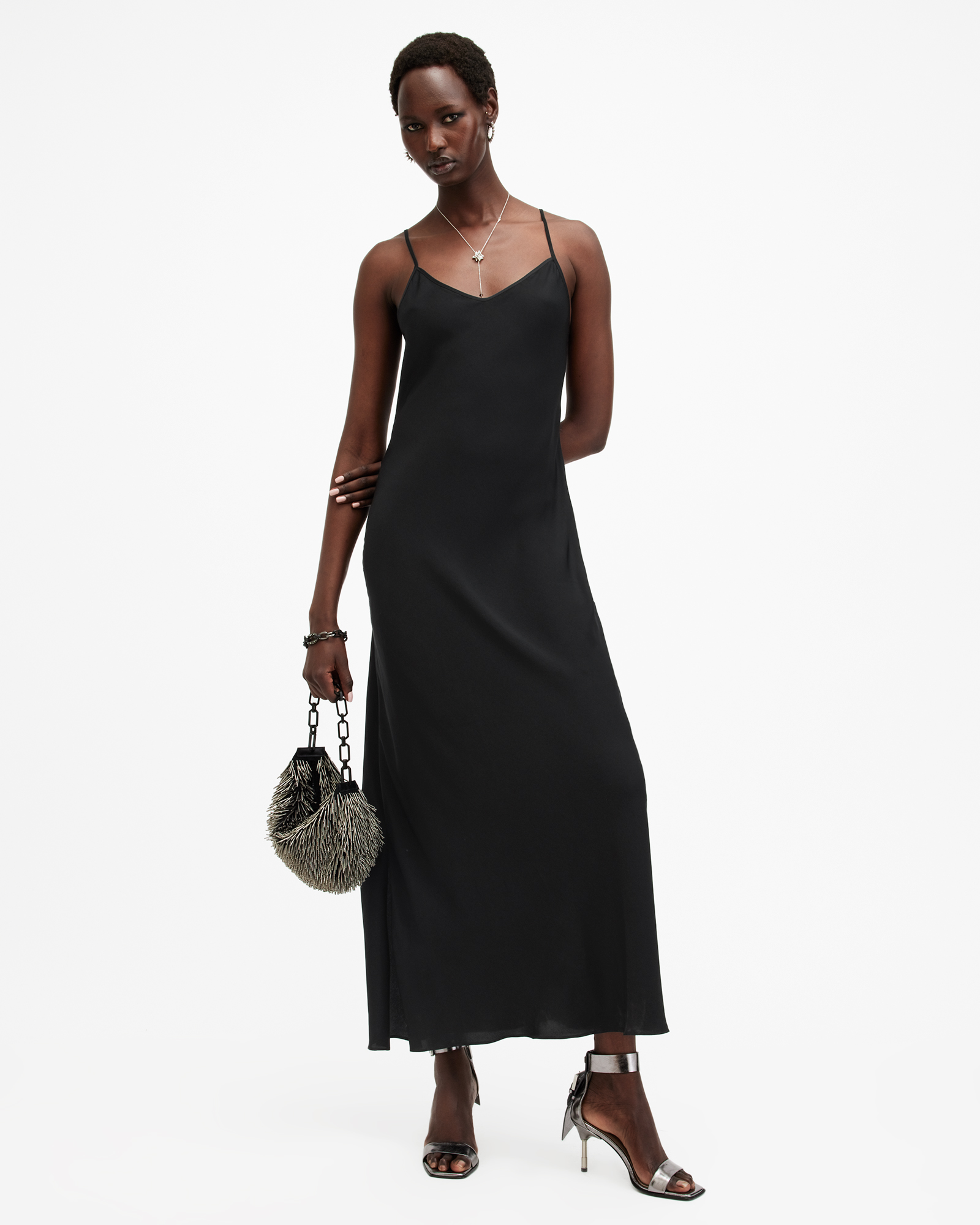 Bryony V Neck Maxi Slip Dress Black ALLSAINTS