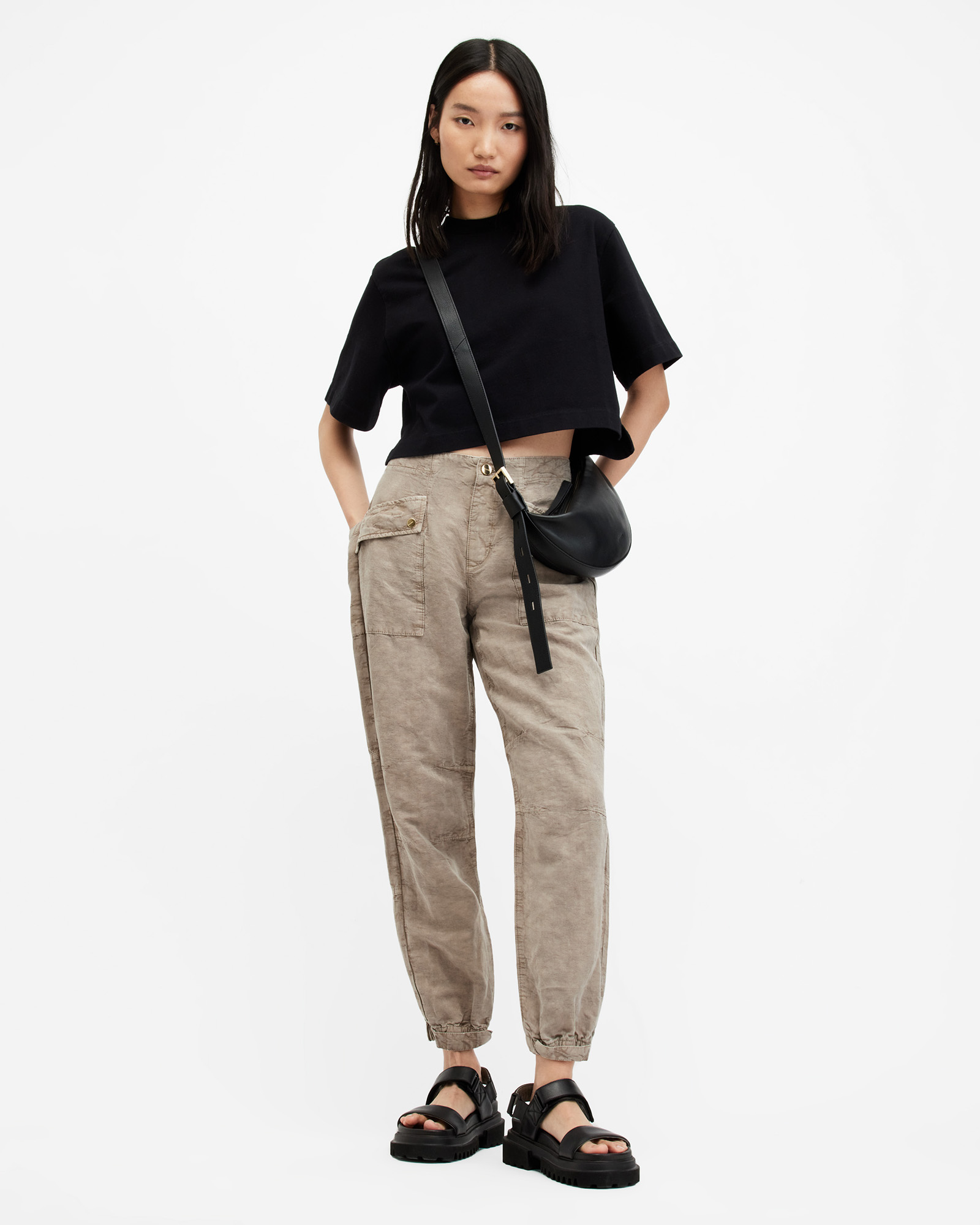 Shop Allsaints Val Linen Blend Cargo Trousers In Taupe Brown