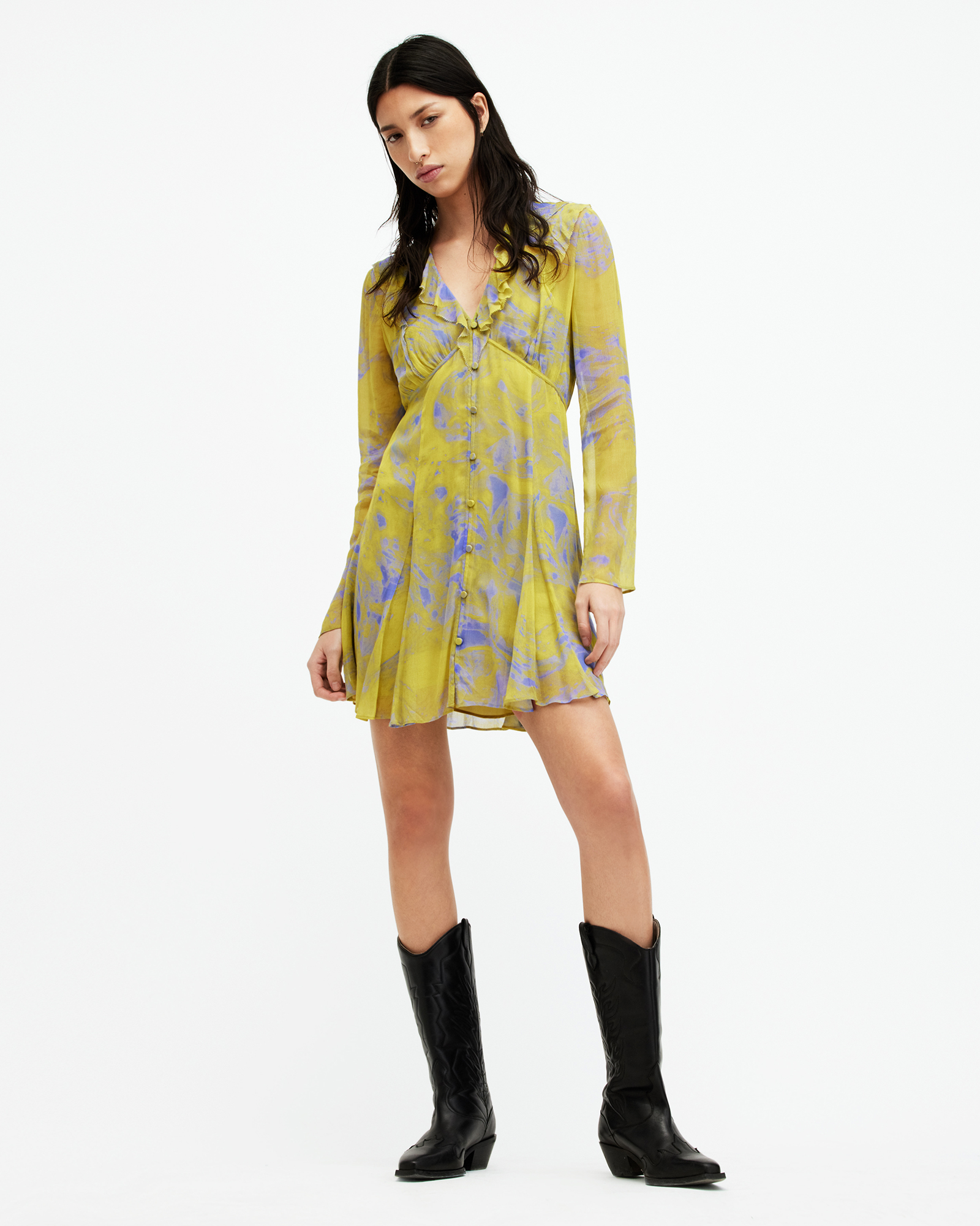 AllSaints Lini Inspiral V-Neck Frill Mini Dress,, ZEST LIME GREEN, Size: UK