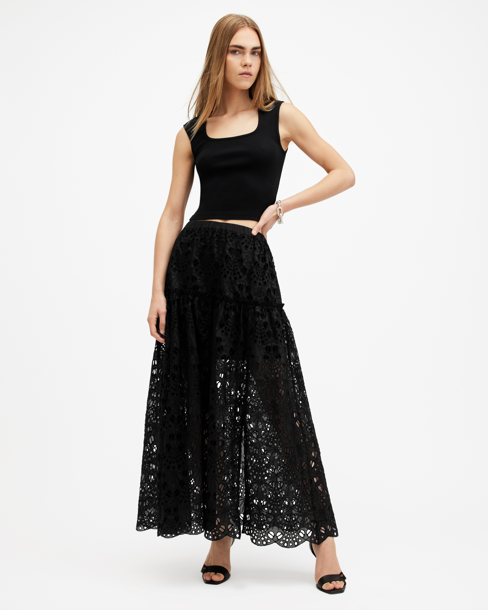 AllSaints Rosie Broderie Midi Skirt,, Black
