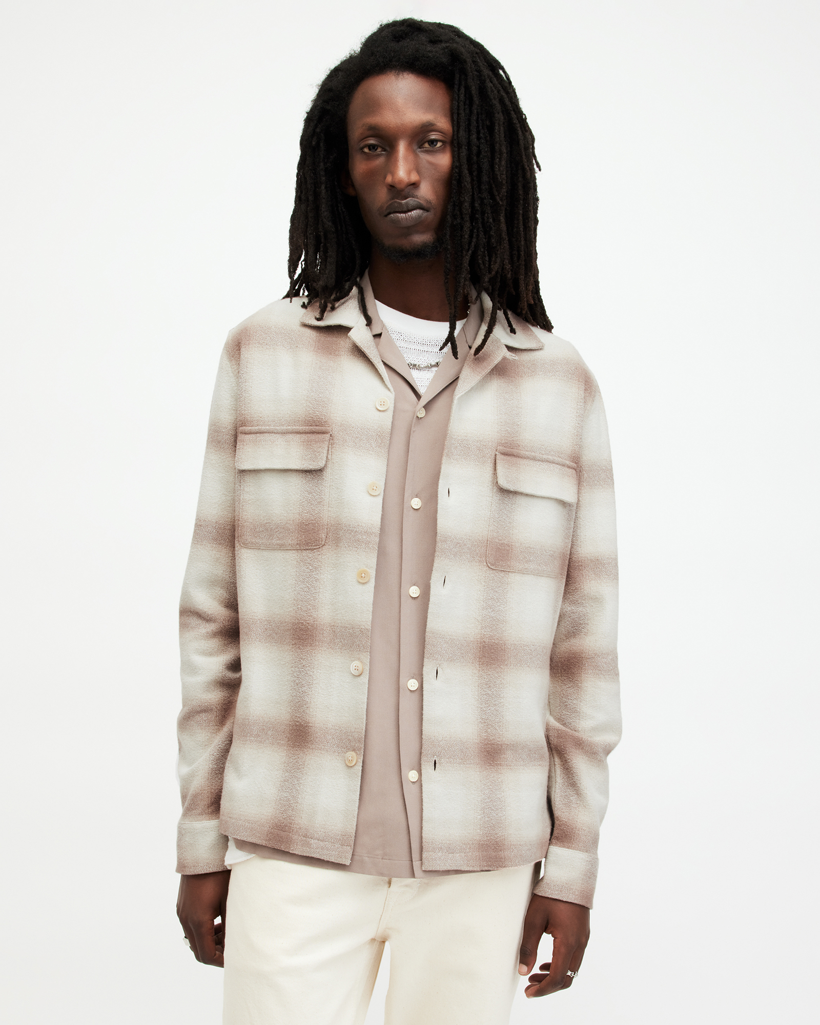 AllSaints Knoll Checked Relaxed Fit Shirt,, Oatmeal Wt/chestnu