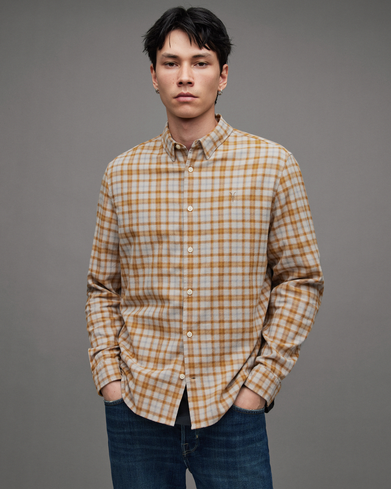 Sonny Checked Long Sleeve Ramskull Shirt FADED TAUPE | ALLSAINTS