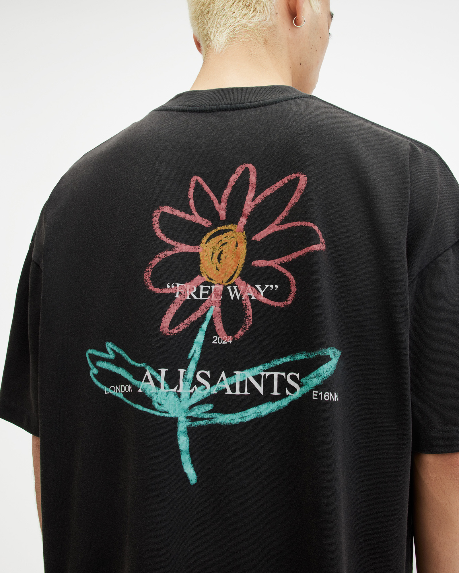 AllSaints Crayo Graphic Oversized Crew T-Shirt,, Washed Black, Size:
