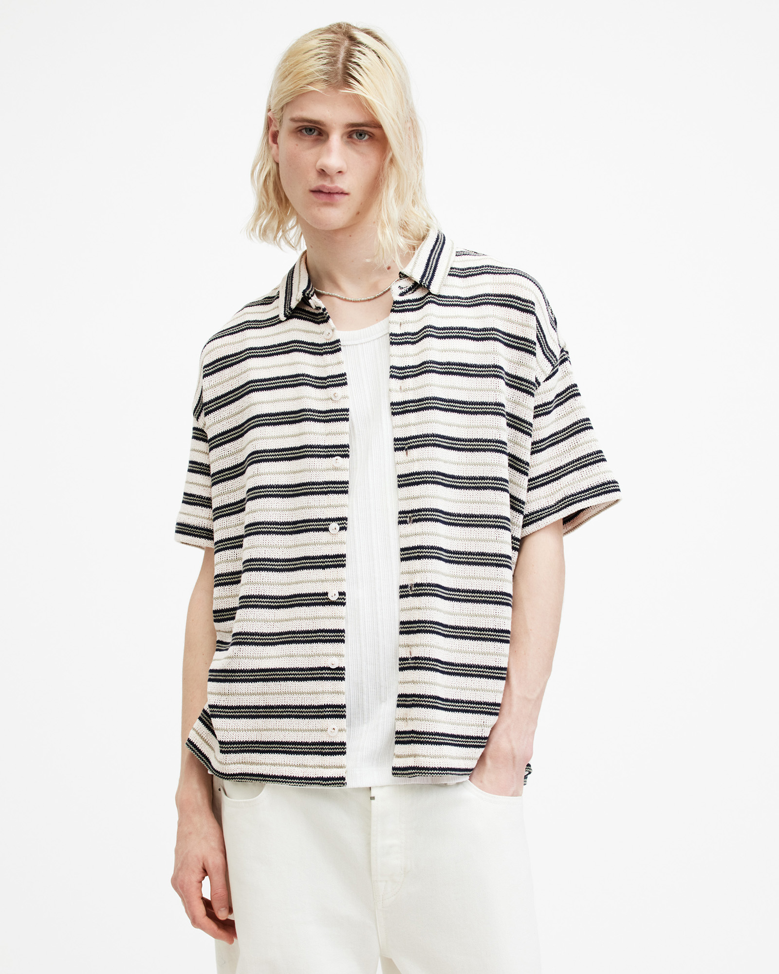 AllSaints Jackson Oversized Striped Shirt,, Chalk White