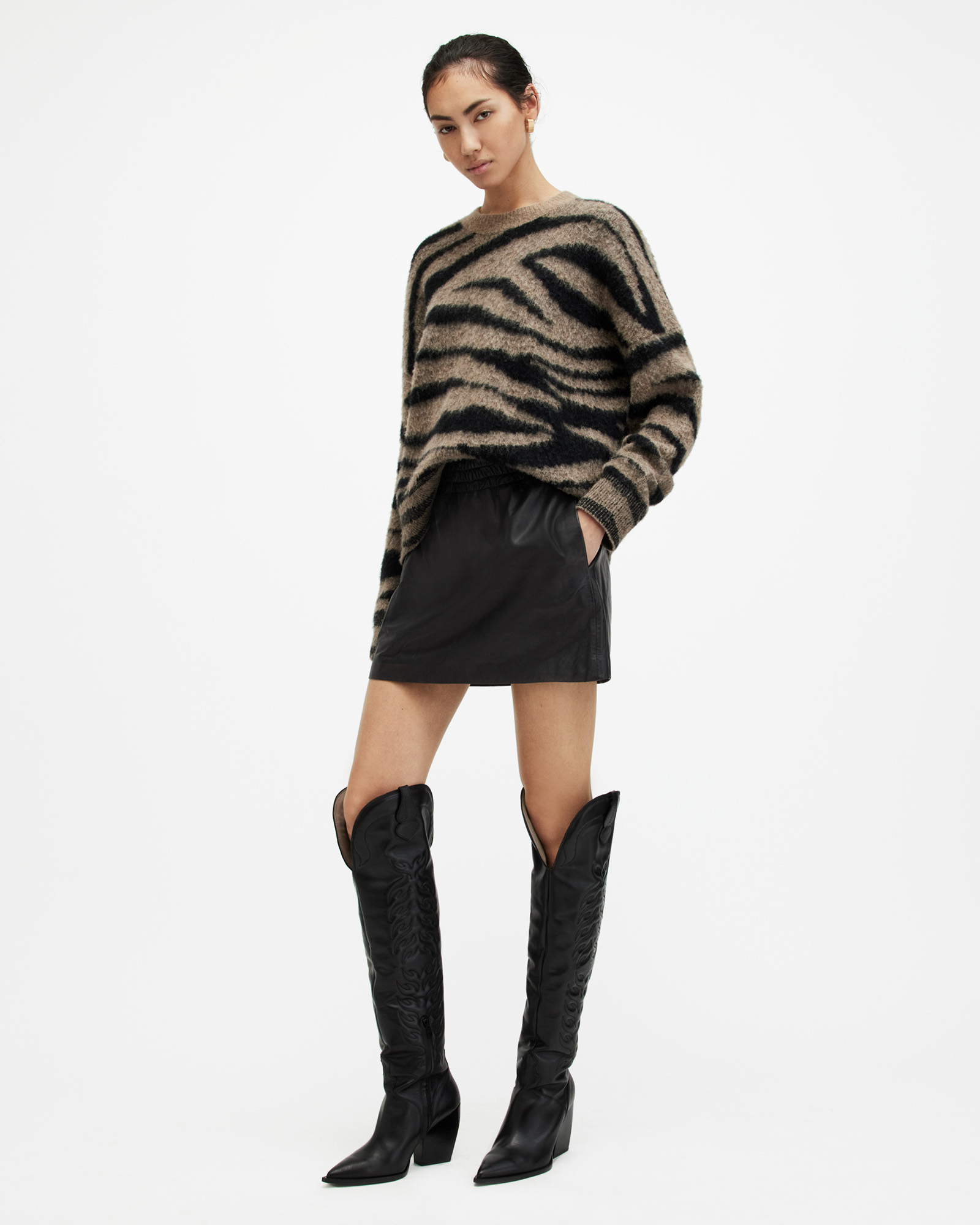 AllSaints Shana Leather Mini Skirt,, Black