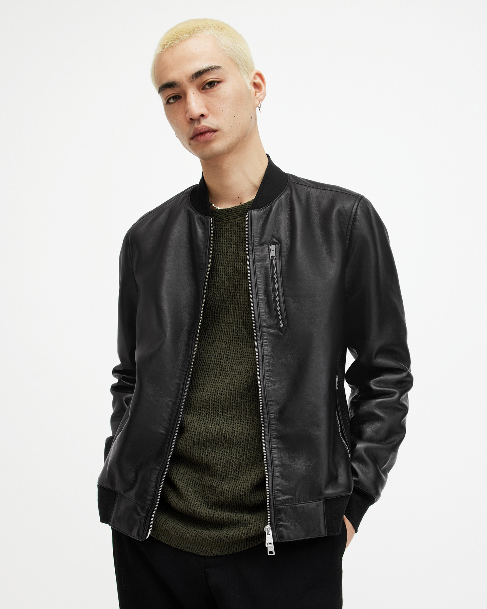 Kemble Recycled Leather Bomber Jacket Black | ALLSAINTS Canada