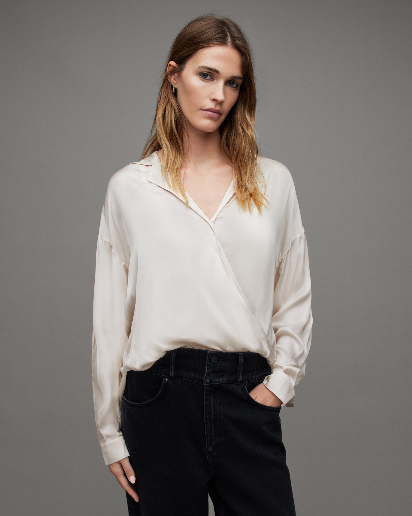 Penny Wrap Over Deep V-Neck Shirt OYSTER WHITE | ALLSAINTS