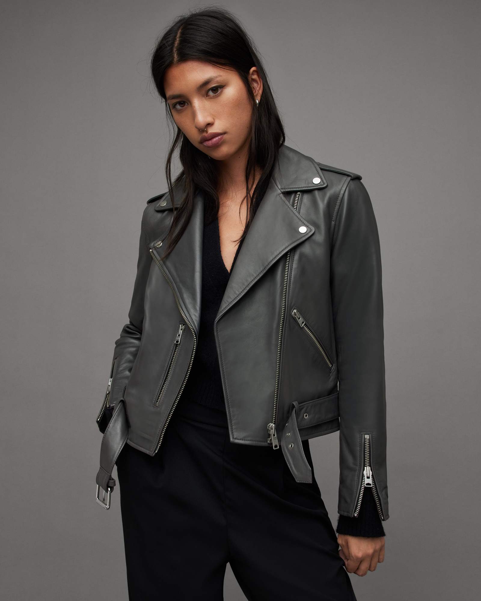 Balfern Belted Hem Leather Biker Jacket CITY SMOKE GREY