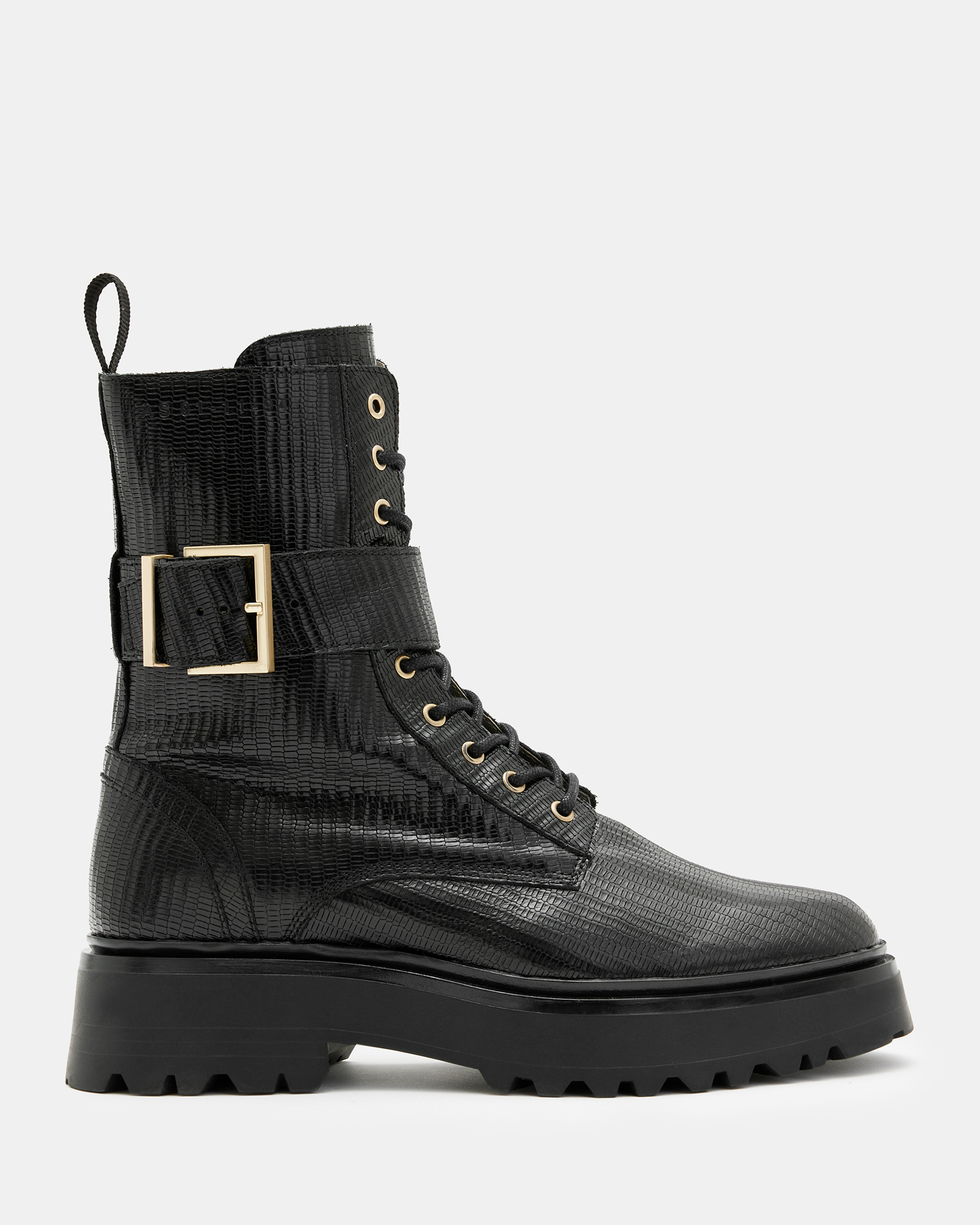 Onyx Snakeskin Leather Buckle Boots Black | ALLSAINTS