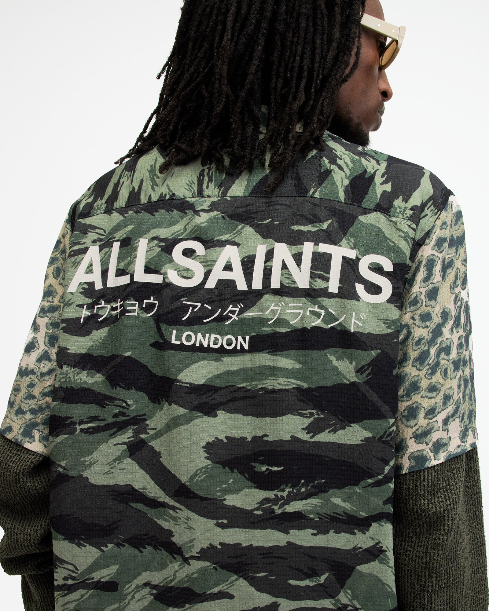 AllSaints Underground Camouflage Print Logo Shirt,, Ash Khaki Green