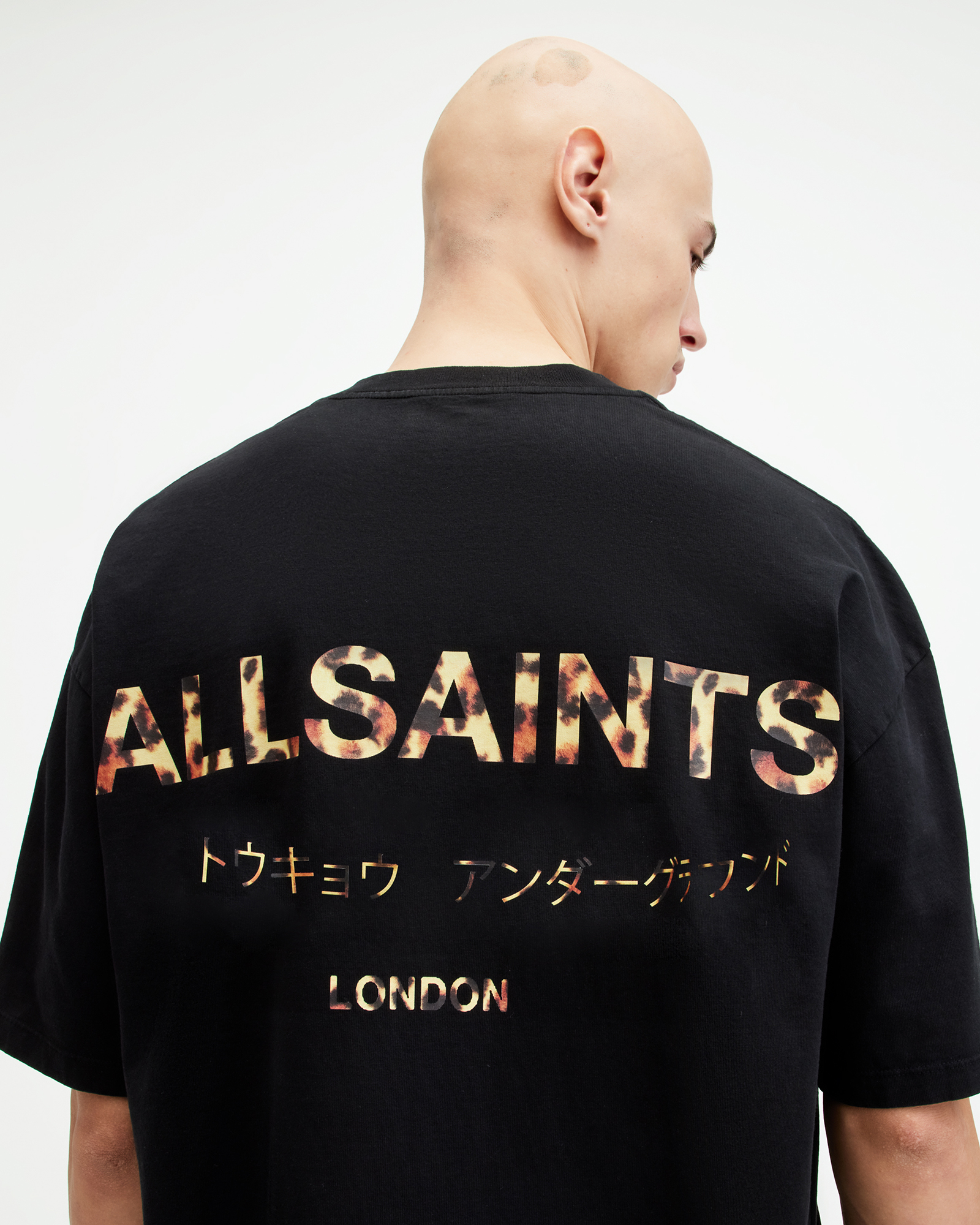 AllSaints Underground Oversized Crew Neck T-Shirt,, BLACK/LEOPARD