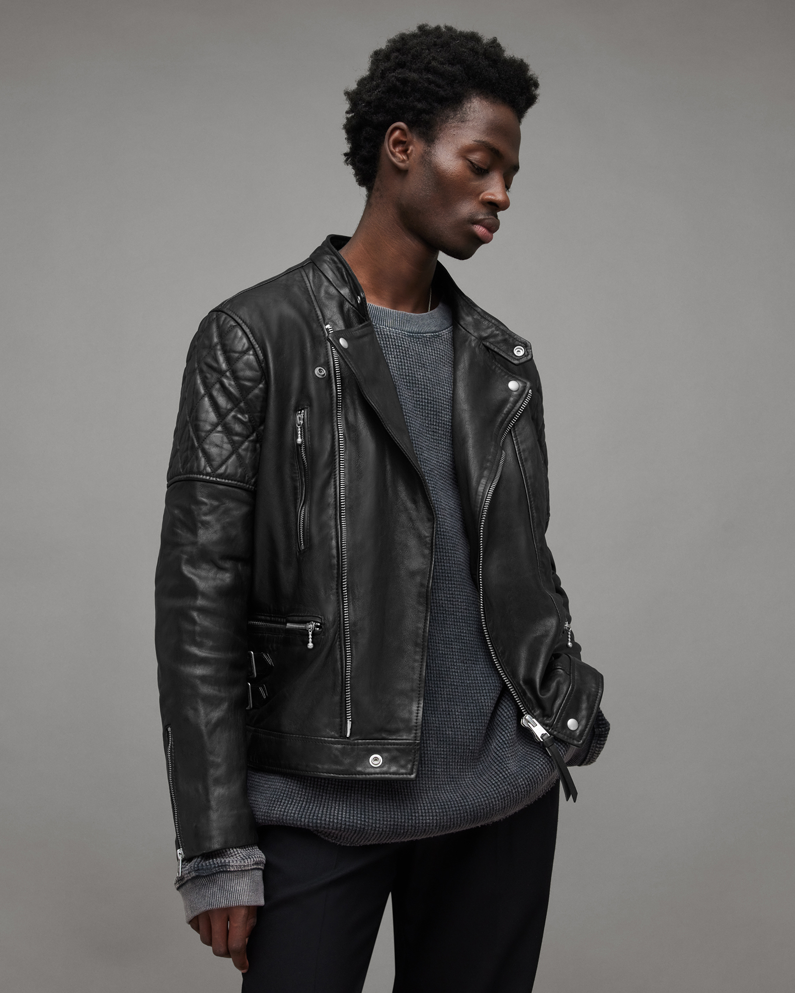 Whitson Hooded Crop Leather Biker Jacket Black | ALLSAINTS