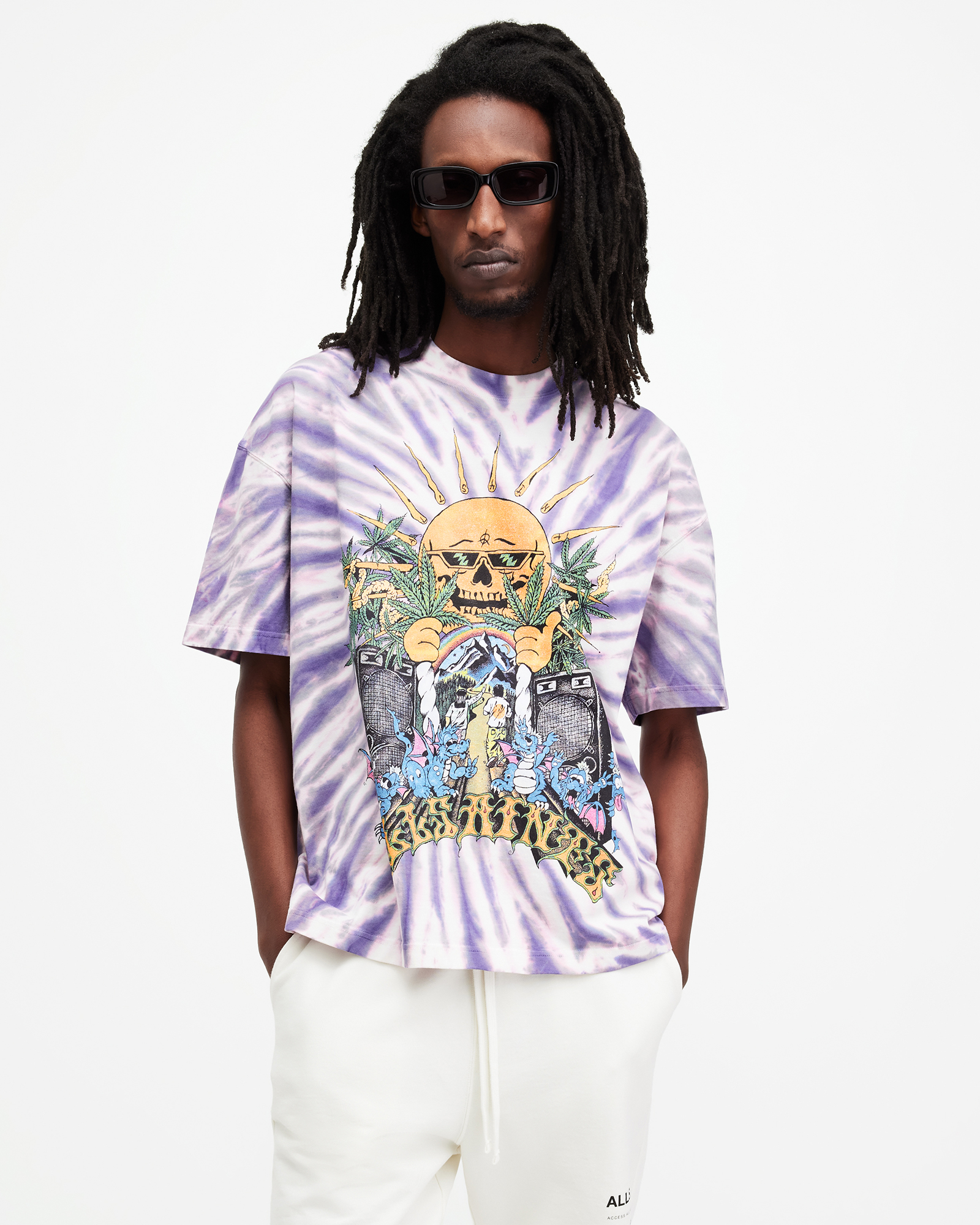 AllSaints Fest Tie Dye Graphic Oversized T-Shirt,, Sugared Lilac, Size: