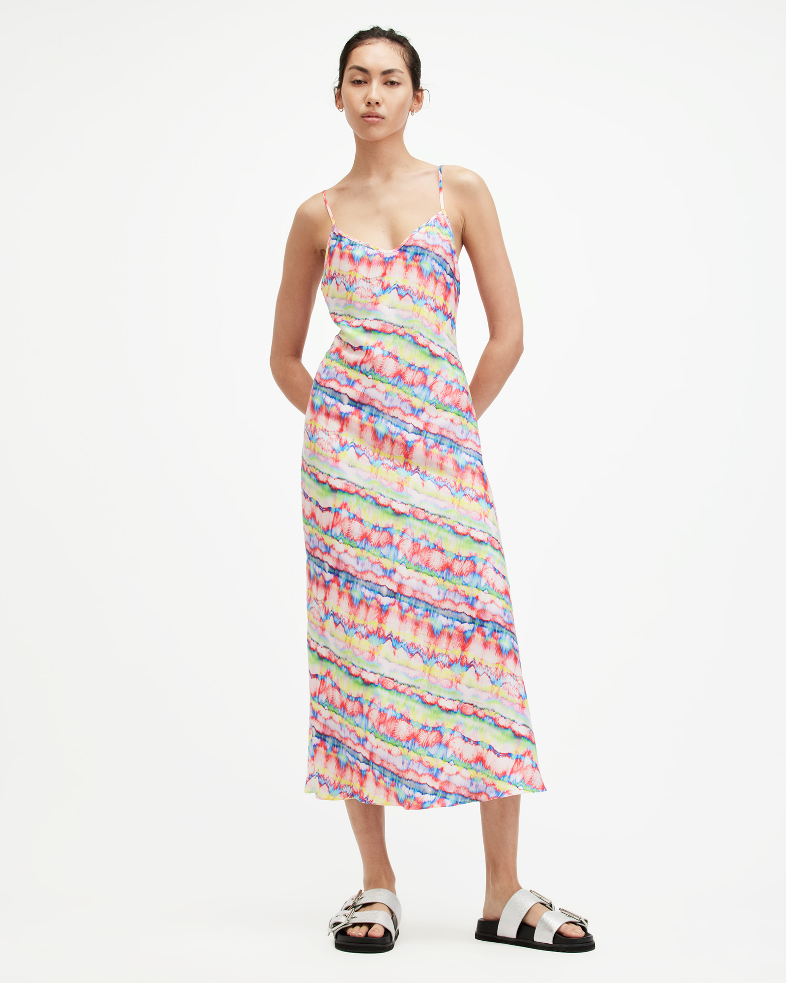 AllSaints Bryony Rainbow Print Midi Slip Dress,, Rainbow Multi, Size: UK 6/US 2