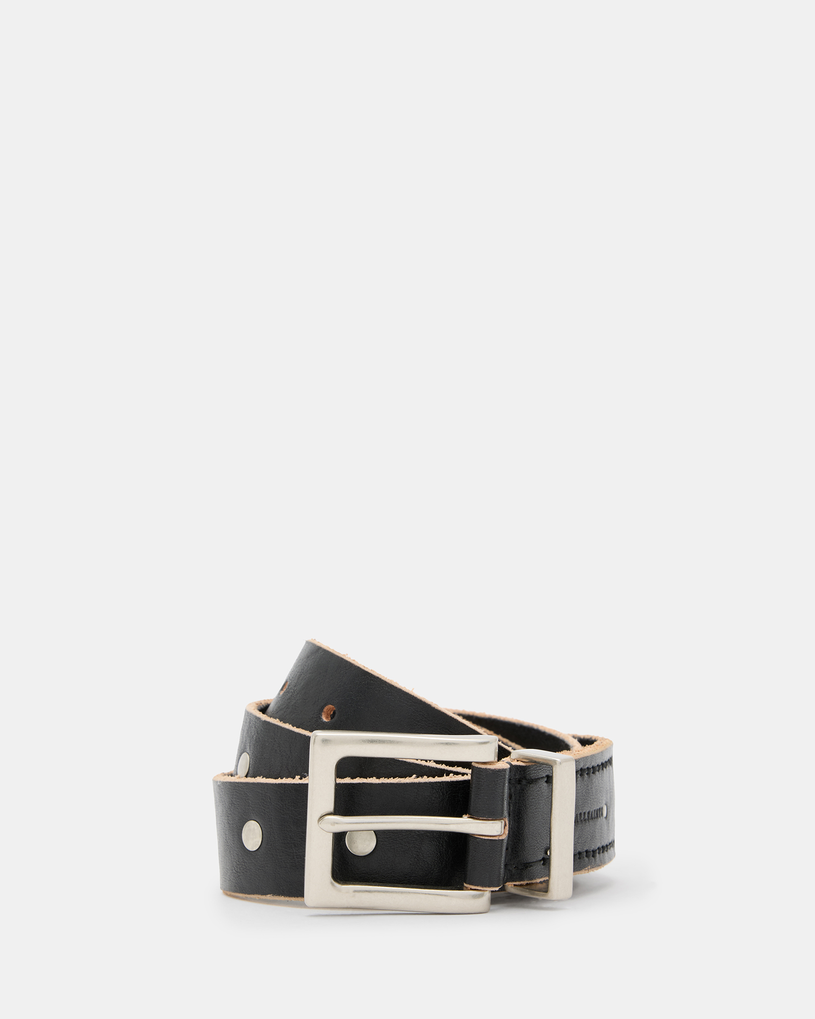 AllSaints Trey Studded Leather Metal Tip Belt,, BLACK/DULL NICKEL