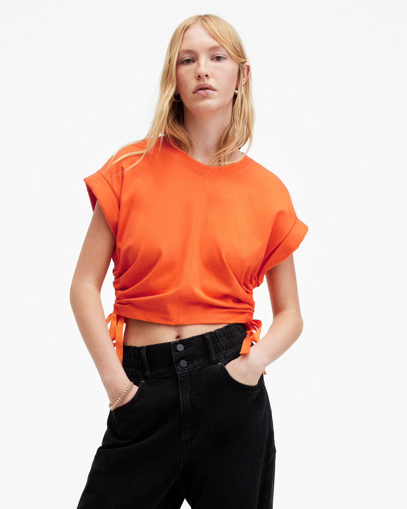 Mira Cropped Side Drawcord T-Shirt ZESTY ORANGE