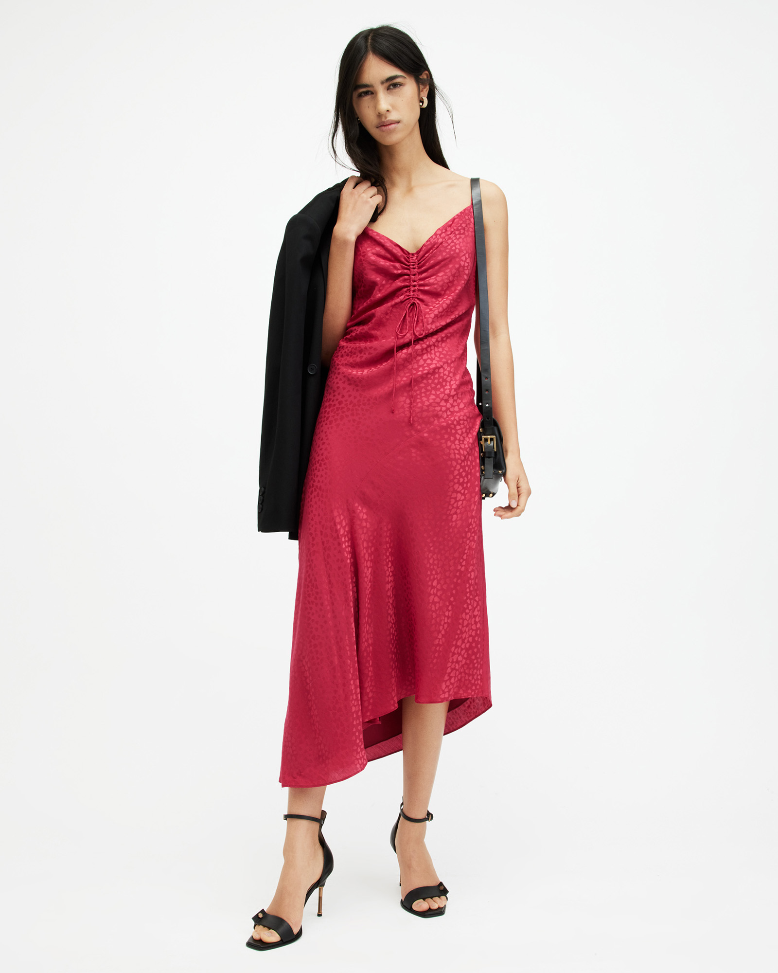 Shop Allsaints Alexia Jacquard V-neck Midi Slip Dress In Berry Pink