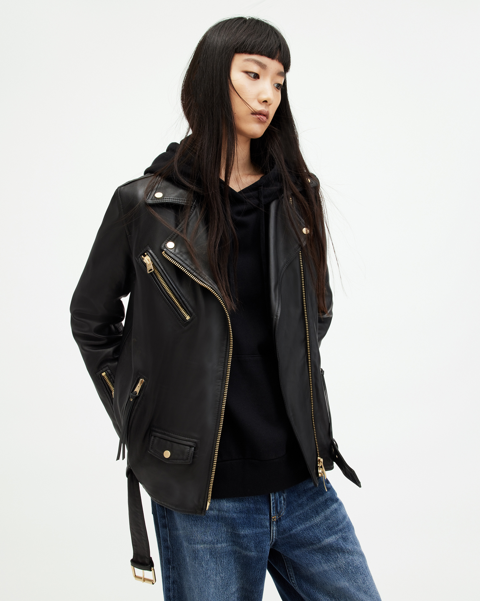 AllSaints Billie Leather Oversized Biker Jacket,, BLACK/GOLD