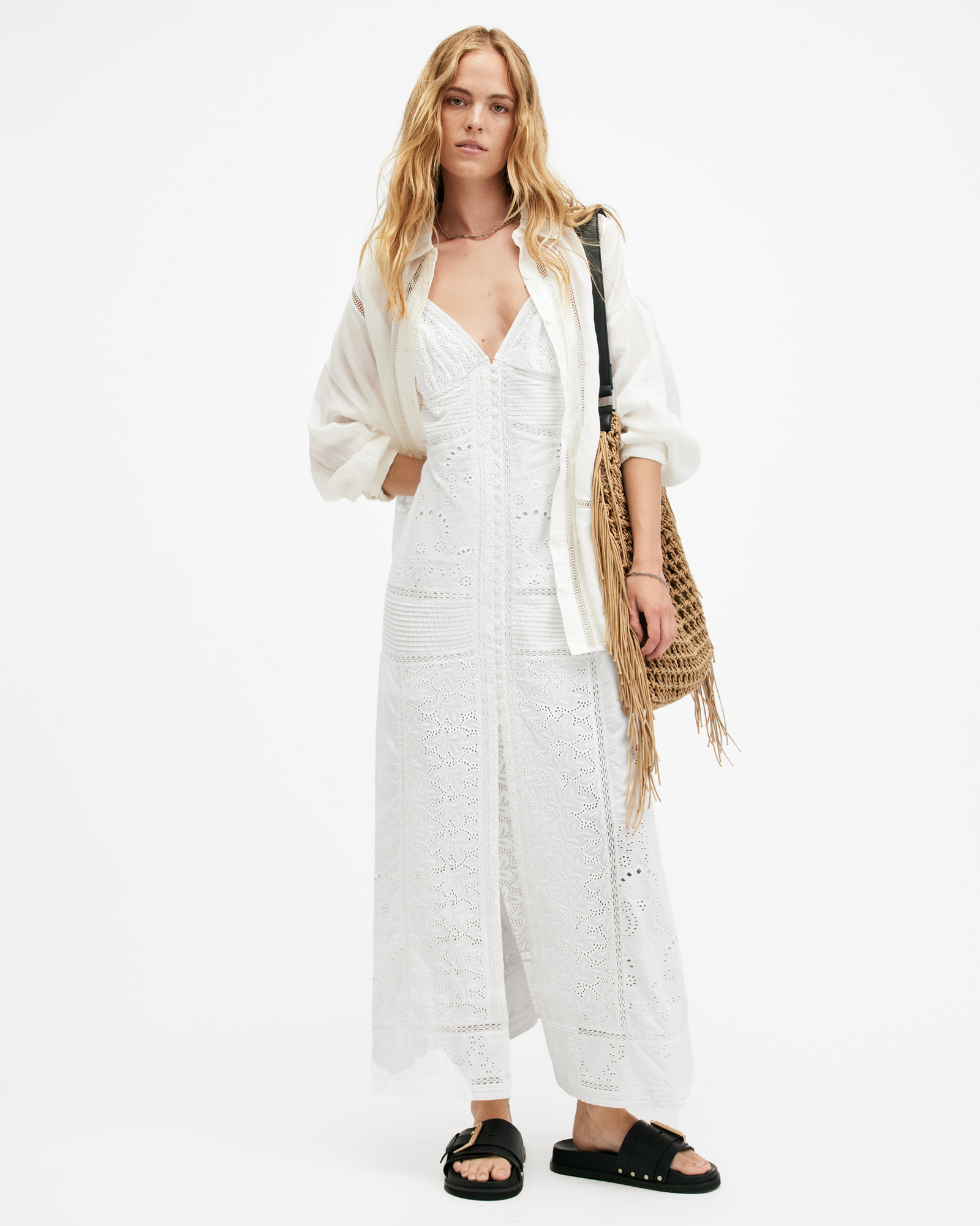 AllSaints Dahlia Embroidered Broderie Maxi Dress,, Off White