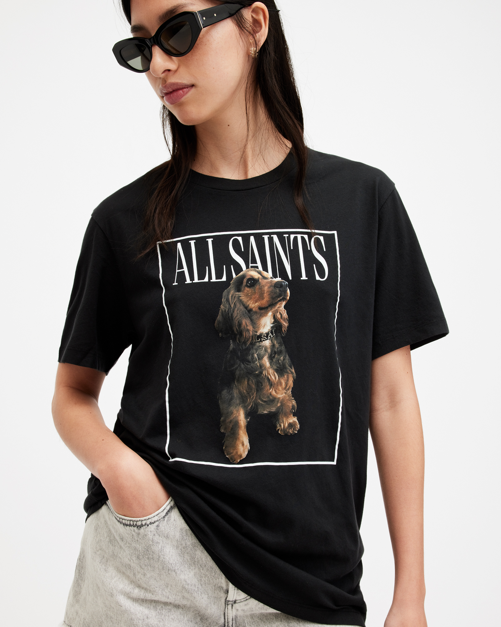 AllSaints Pepper Dog Artwork Oversized T-Shirt,, Black