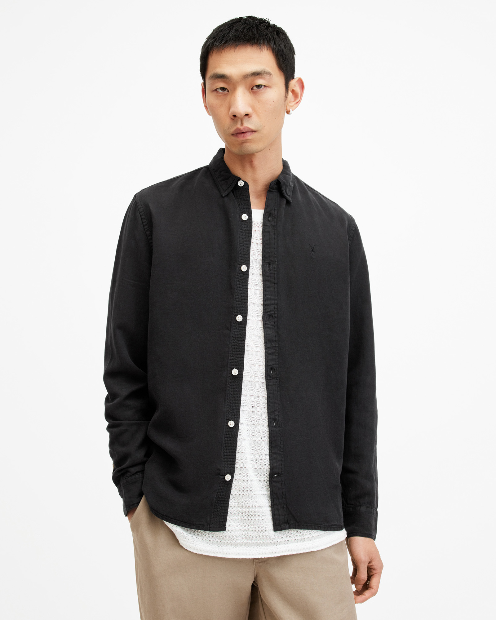 AllSaints Laguna Linen Blend Relaxed Fit Shirt,, Black