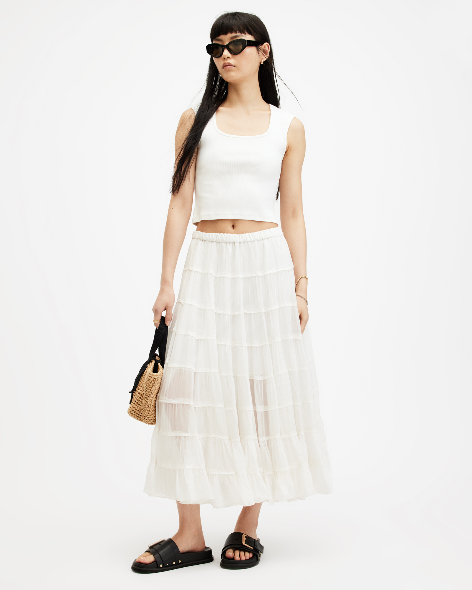 AllSaints Eva Elasticated Waist Tiered Maxi Skirt,, Chalk White