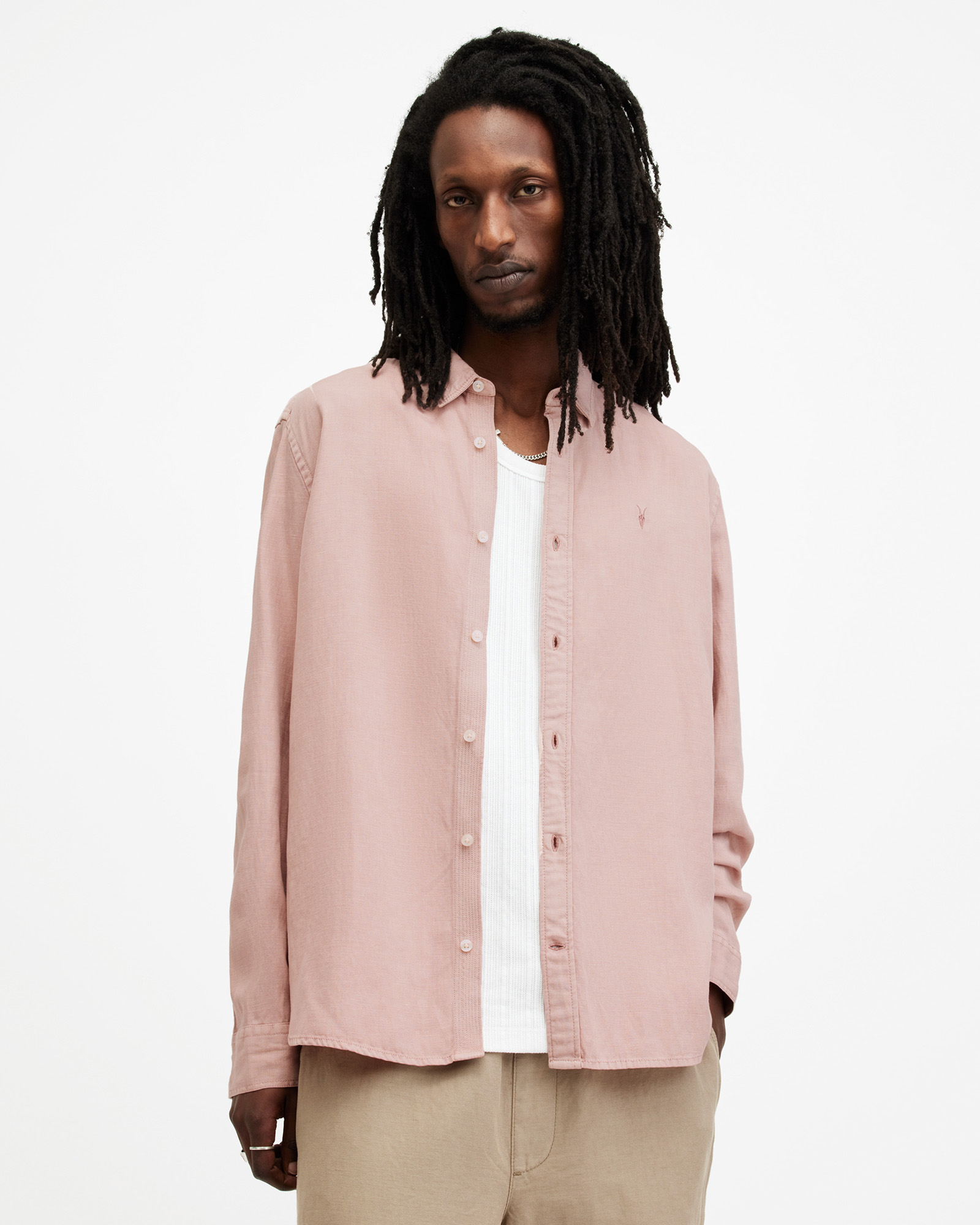 AllSaints Laguna Linen Blend Relaxed Fit Shirt,, Bramble Pink