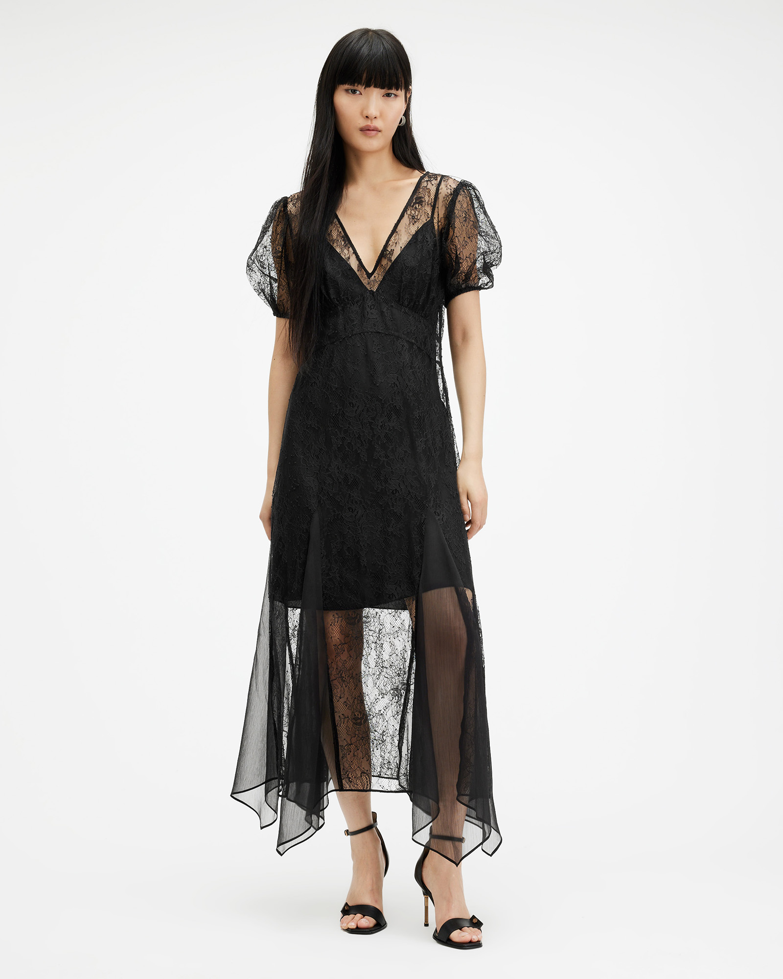 AllSaints Rayna V-Neck Lace Maxi Dress,, Black, Size: UK 10/US 6