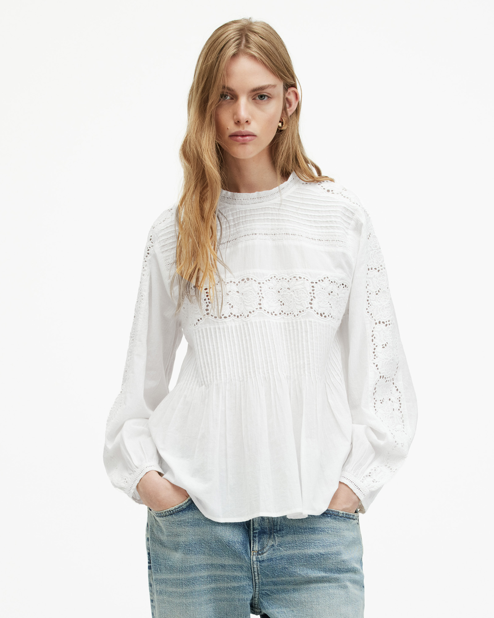 Allsaints Elaia Embroidered Lace Trim Top In Chalk White
