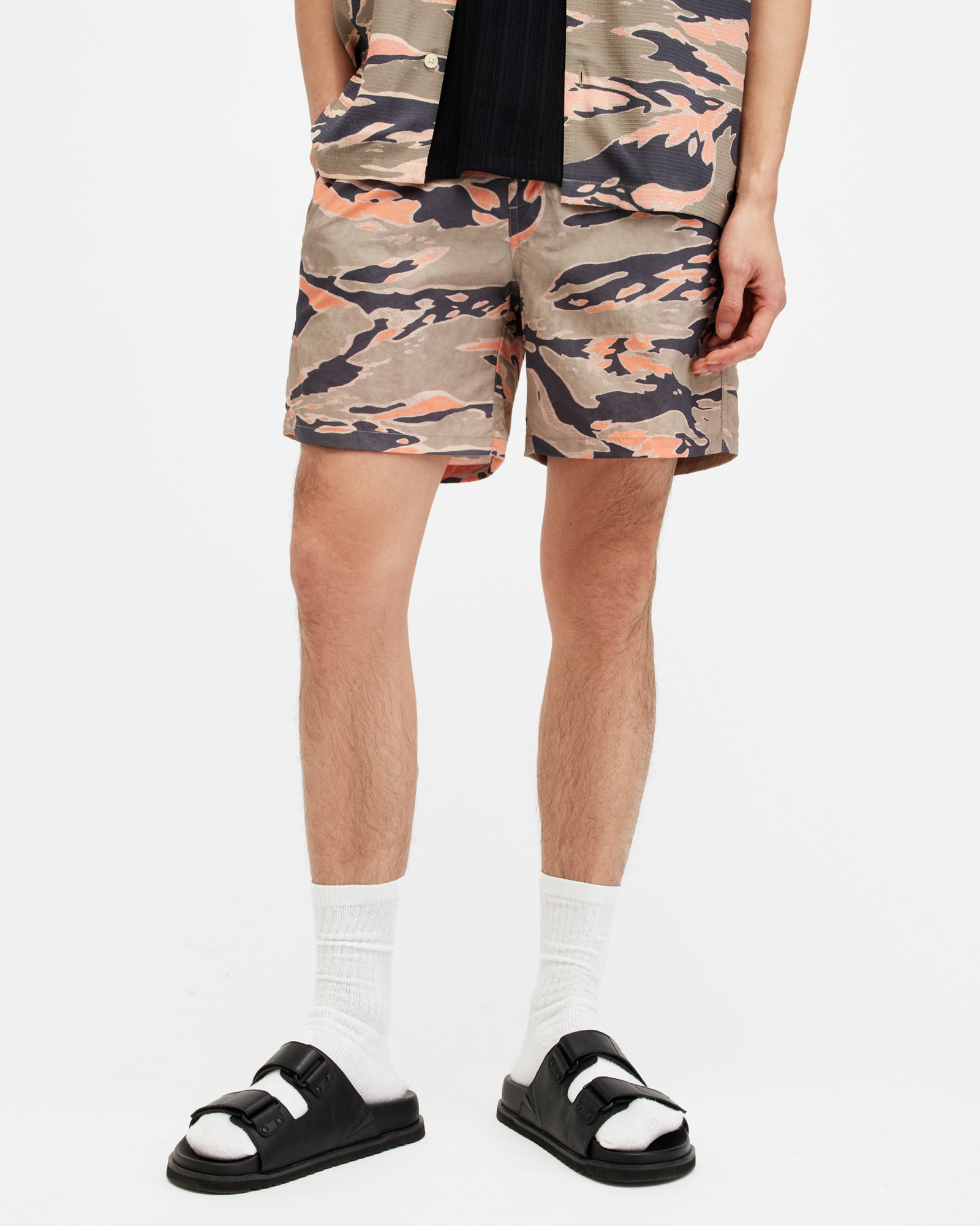 AllSaints Solar Camouflage Print Swim Shorts,, Washed Black, Size: