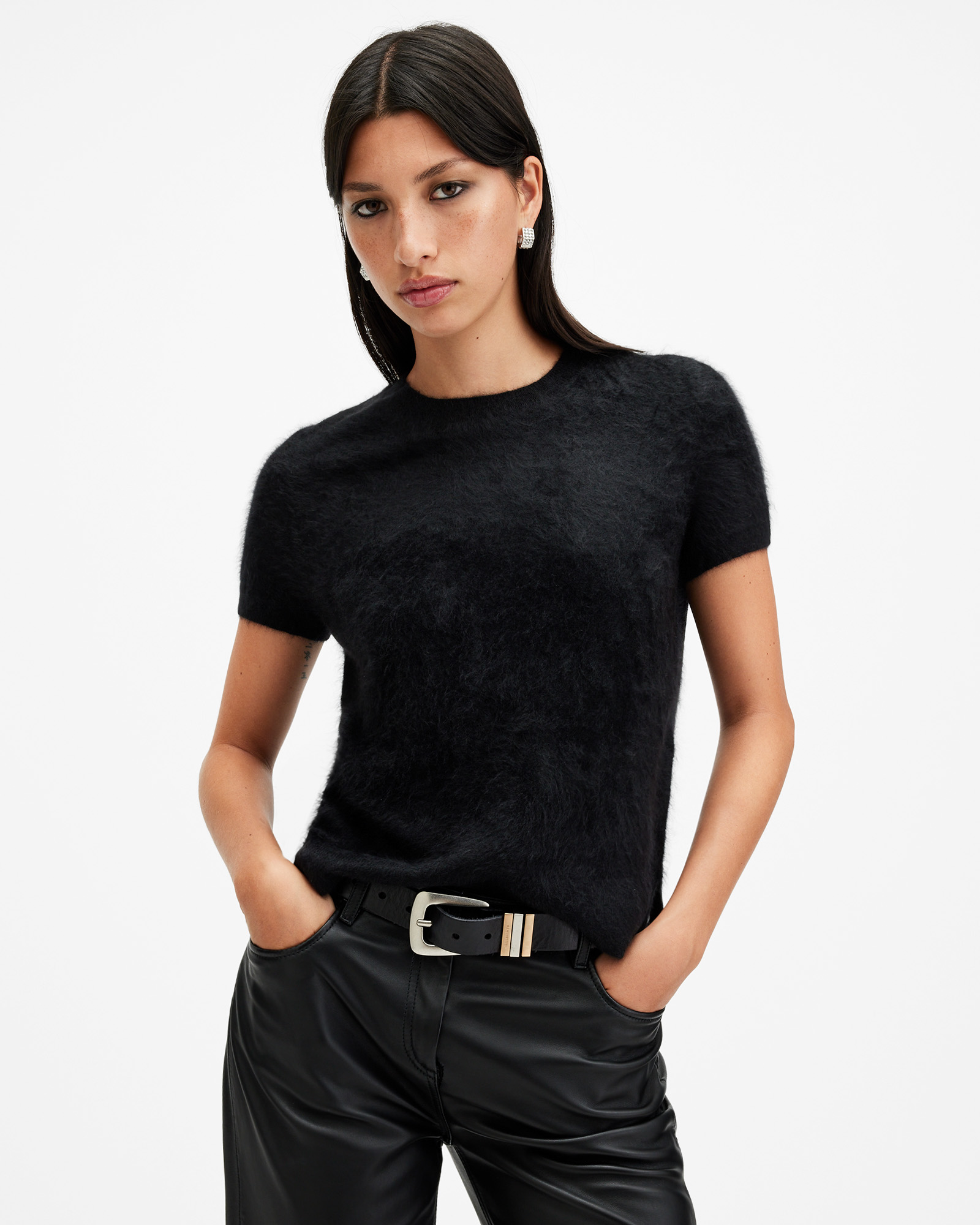 Allsaints Rebel Brushed Cashmere Knitted T-shirt In Black